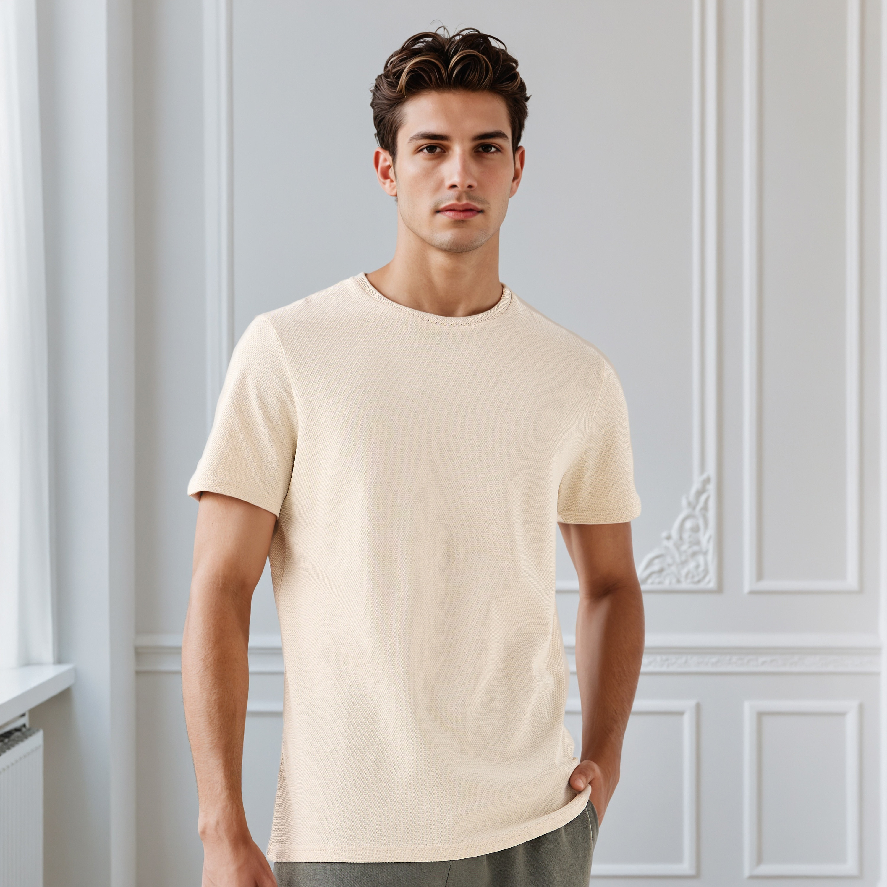 تيشيرت رجالي بارز الملمس بقصة عادية وياقة ضيقة وأكمام قصيرة من آيكونيك-men-clothing-tshirtsandpolos-tshirts-image-5