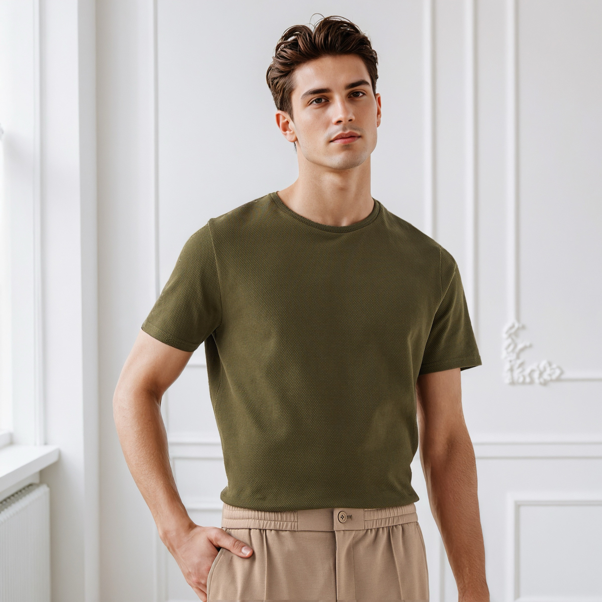 تيشيرت رجالي بارز الملمس بقصة عادية وياقة ضيقة وأكمام قصيرة من آيكونيك-men-clothing-tshirtsandpolos-tshirts-image-1