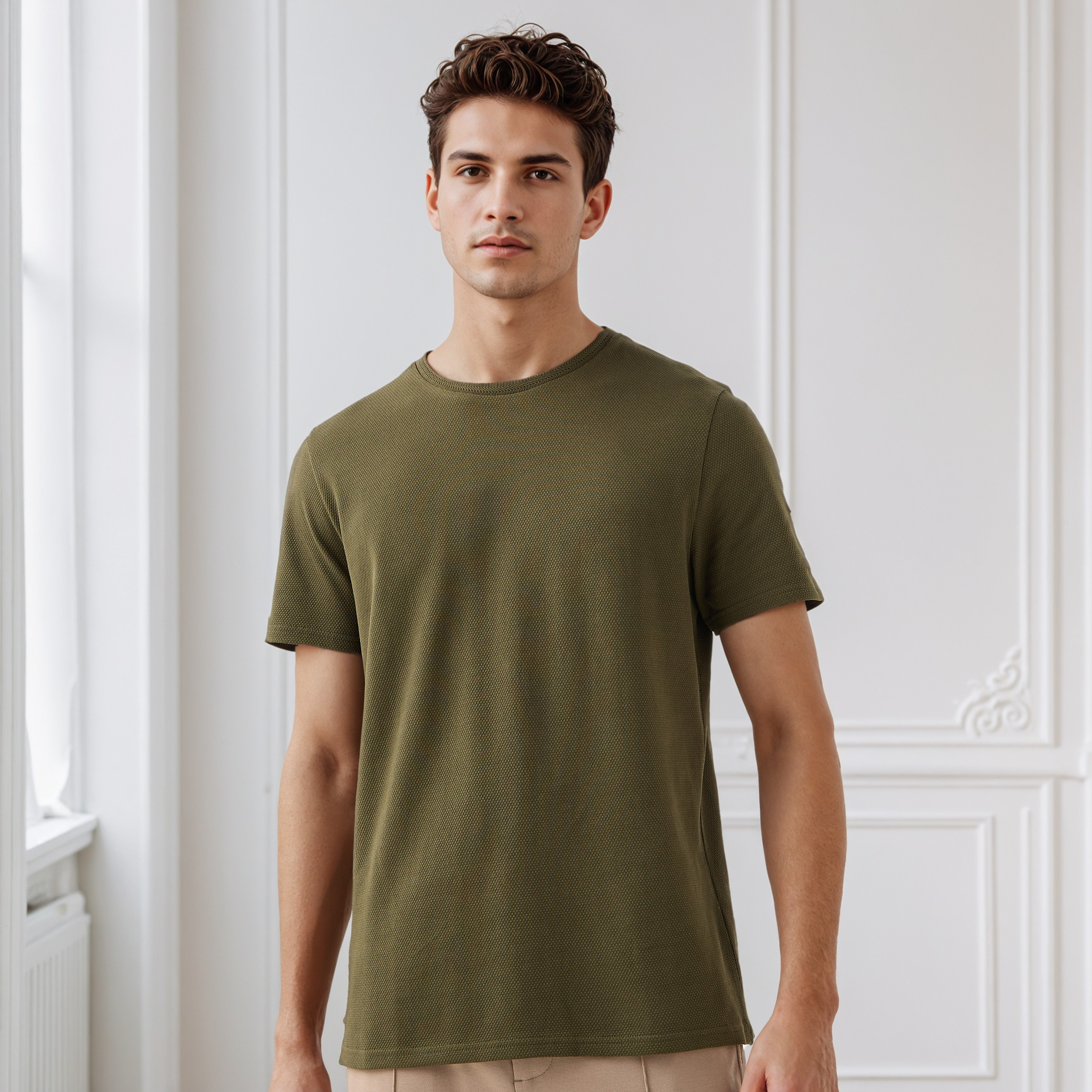 تيشيرت رجالي بارز الملمس بقصة عادية وياقة ضيقة وأكمام قصيرة من آيكونيك-men-clothing-tshirtsandpolos-tshirts-image-4