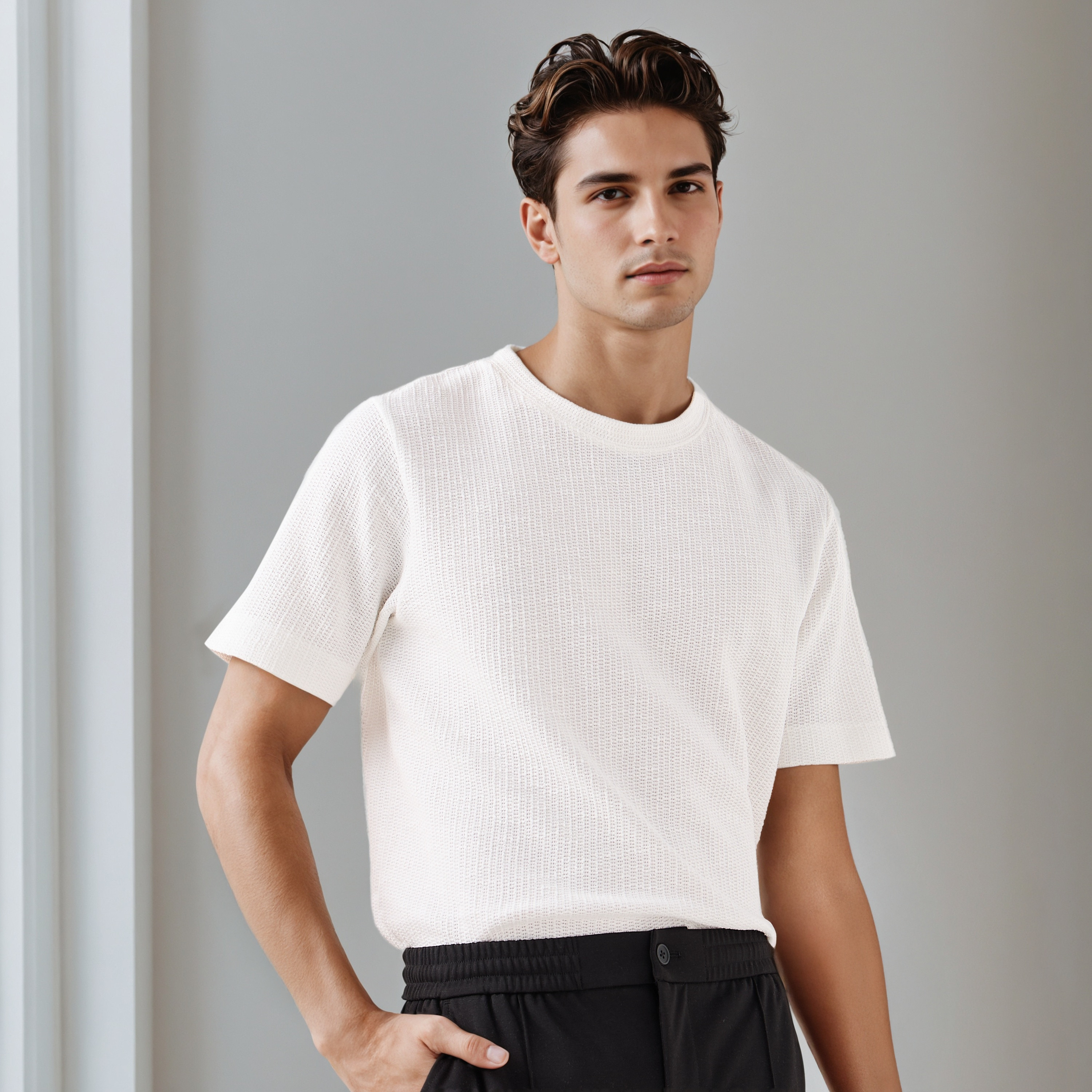 Iconic Men Regular Fit Crew Neck Short Sleeves Honeycomb Textured T-shirt-men-clothing-tshirtsandpolos-tshirts-image-1