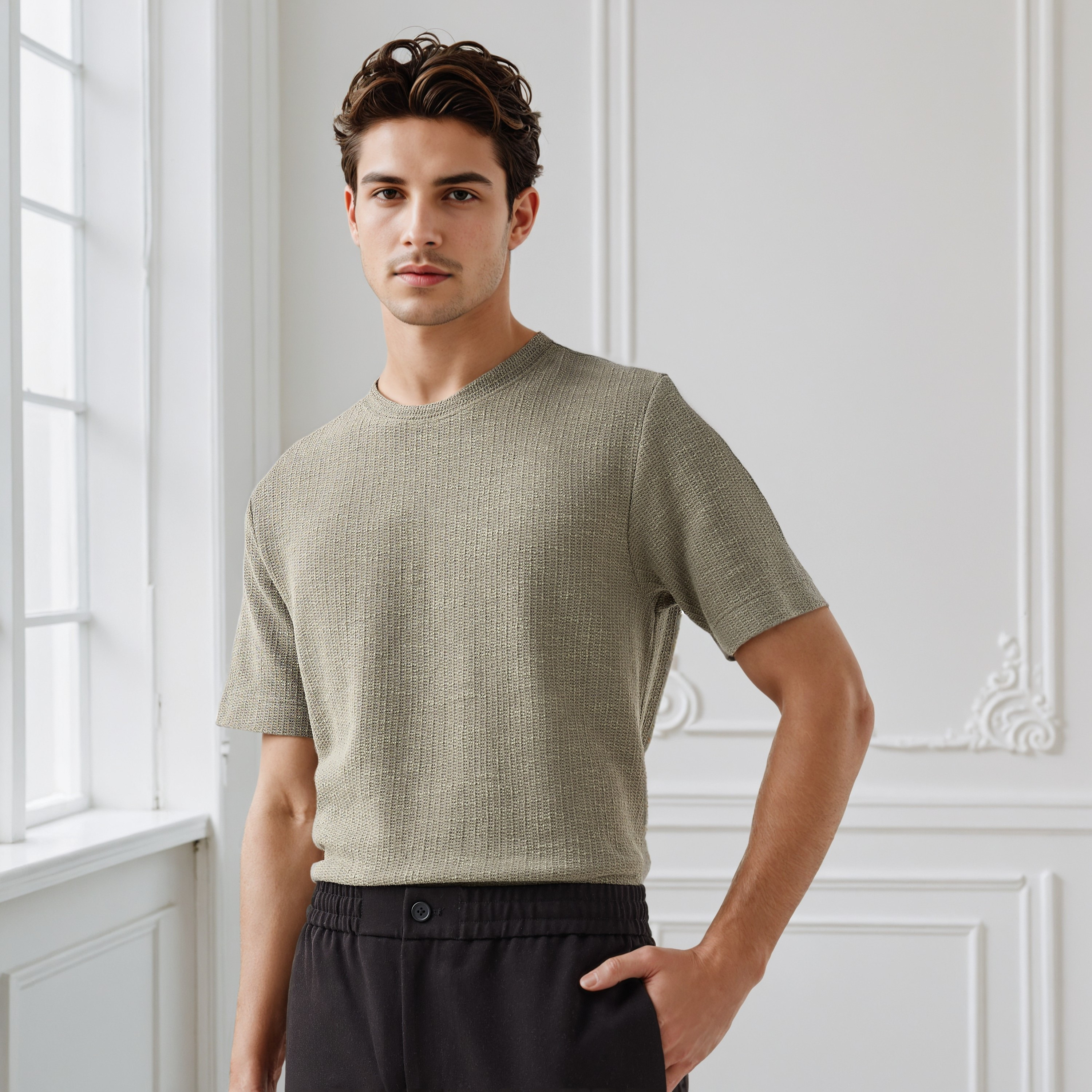 تيشيرت بارز الملمس بقصة عادية وياقة ضيقة وأكمام قصيرة للرجال من أيكونيك-men-clothing-tshirtsandpolos-tshirts-image-1