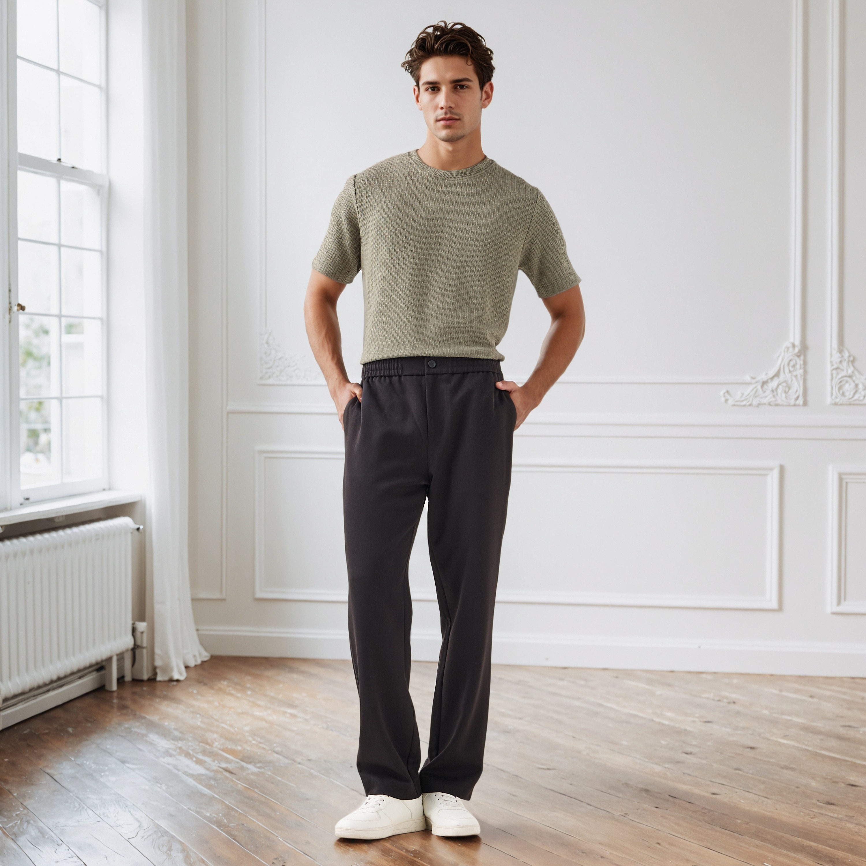 تيشيرت بارز الملمس بقصة عادية وياقة ضيقة وأكمام قصيرة للرجال من أيكونيك-men-clothing-tshirtsandpolos-tshirts-image-2