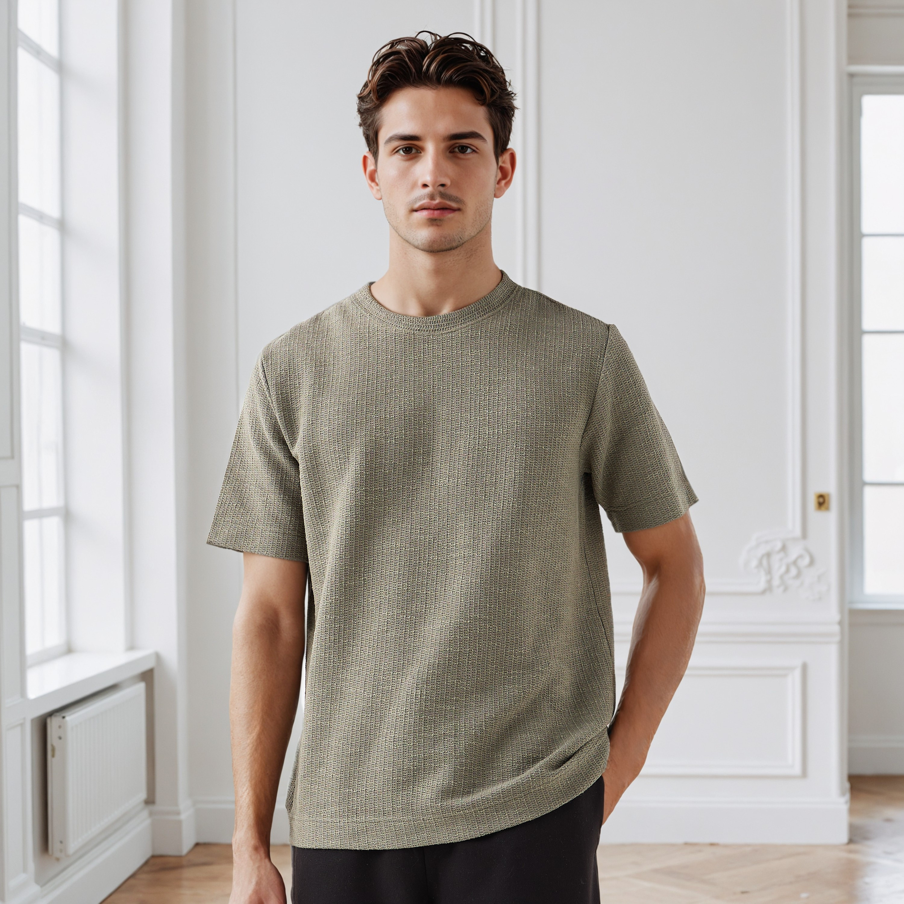 تيشيرت بارز الملمس بقصة عادية وياقة ضيقة وأكمام قصيرة للرجال من أيكونيك-men-clothing-tshirtsandpolos-tshirts-image-5