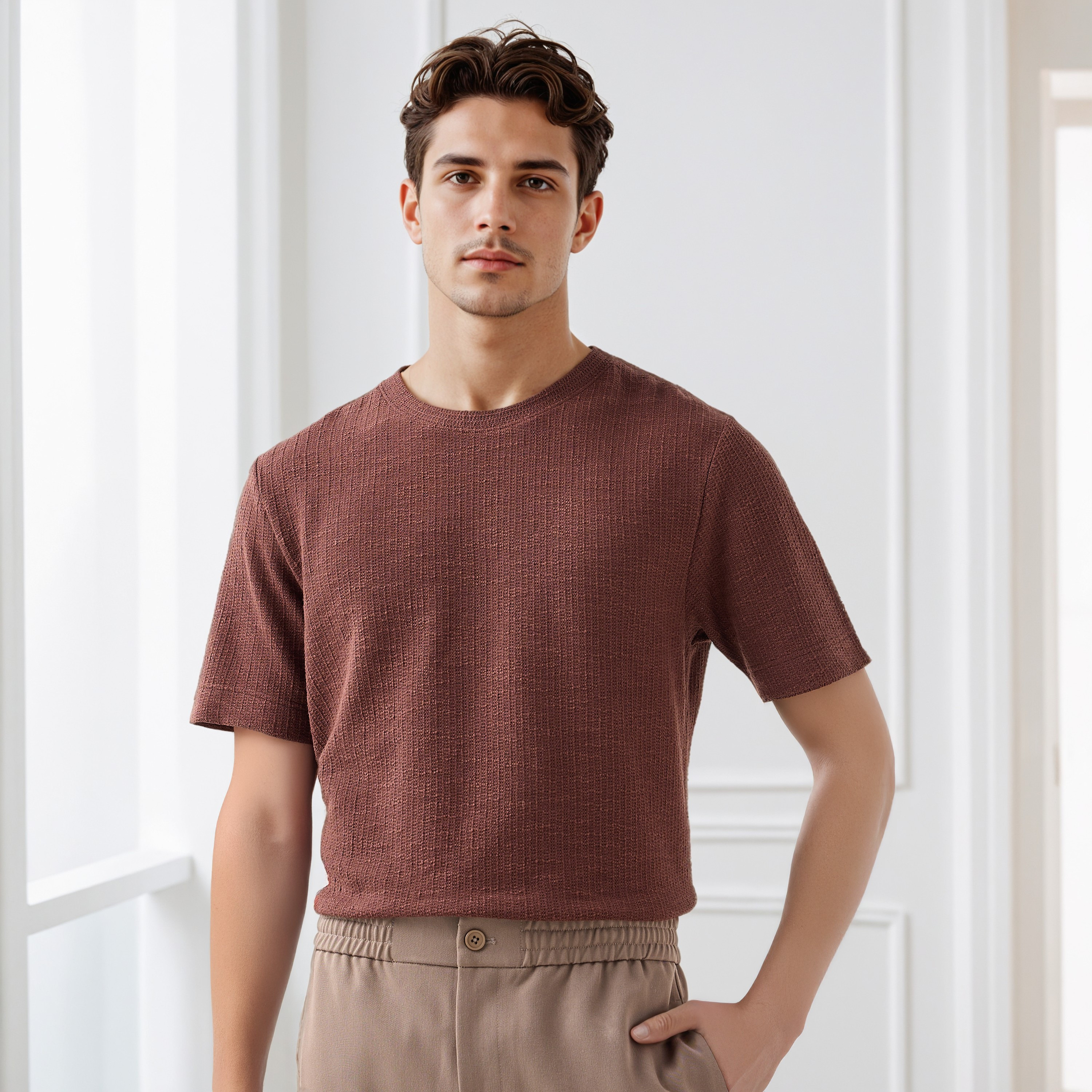 Iconic Men Regular Fit Crew Neck Short Sleeves Honeycomb Textured T-shirt-men-clothing-tshirtsandpolos-tshirts-image-1