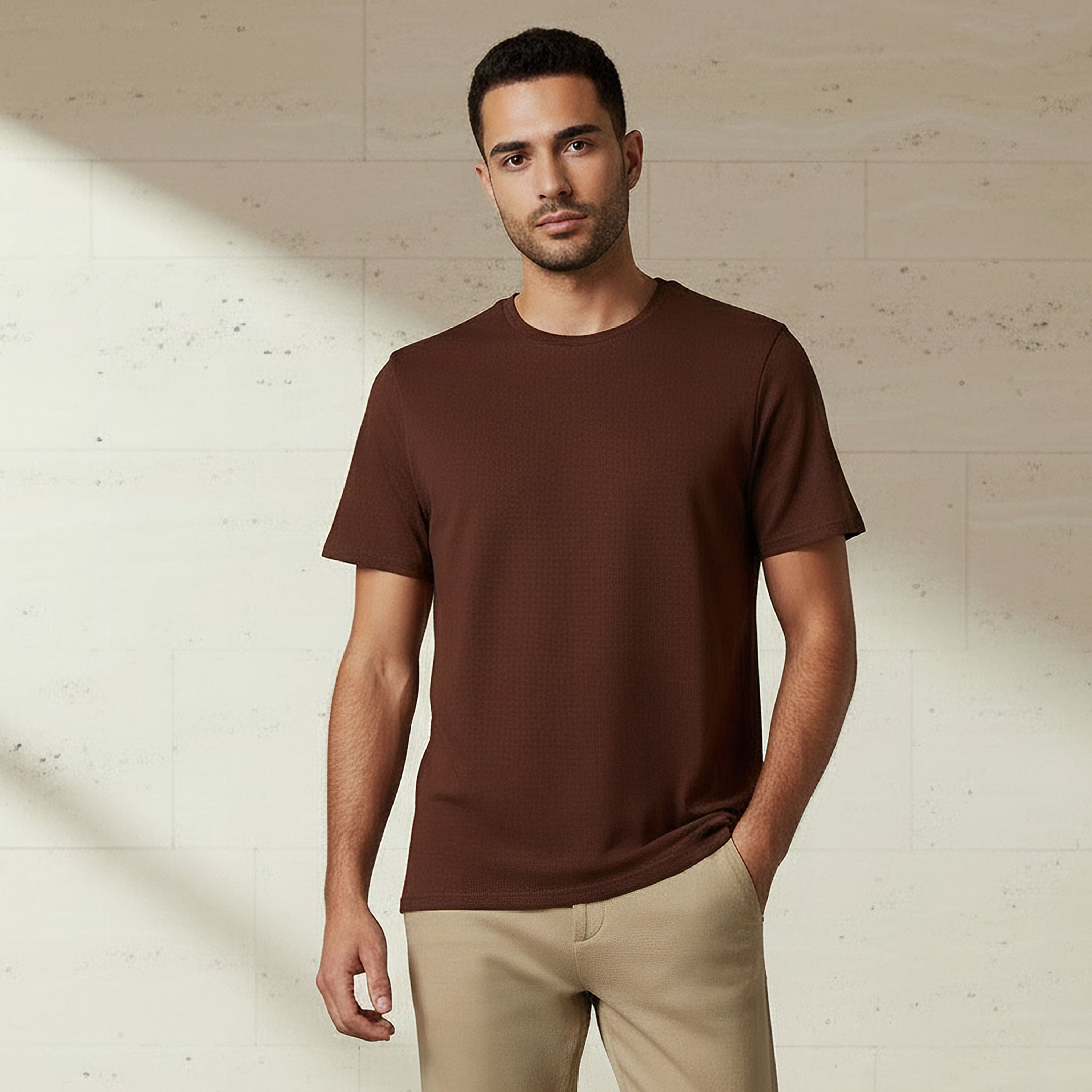 Iconic Men Slim Fit Round Neck Short Sleeve Popcorn Textured T-shirt-men-clothing-tshirtsandpolos-tshirts-image-1