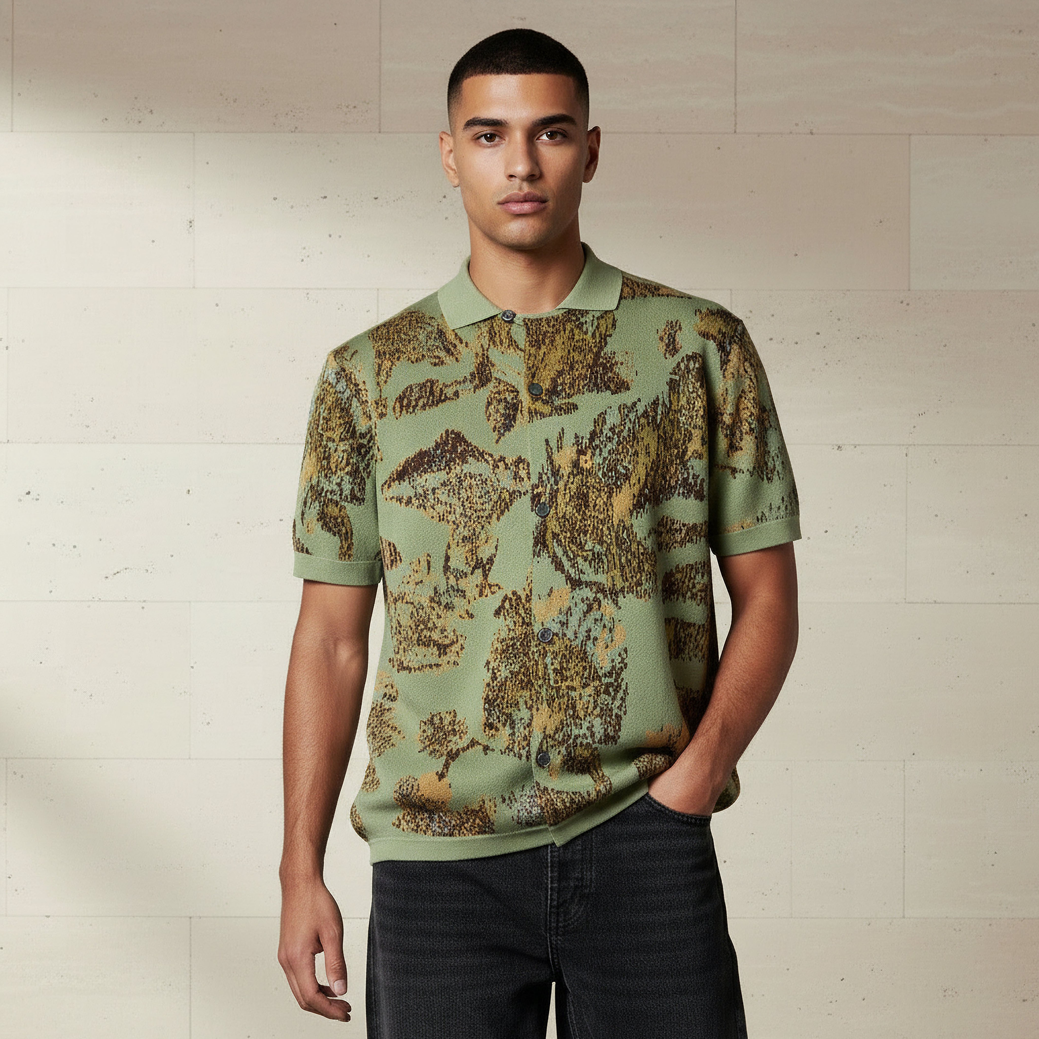 Men Regular Fit Jacquard Button Down Short Sleeve Polo Shirt-men-clothing-shirts-image-1