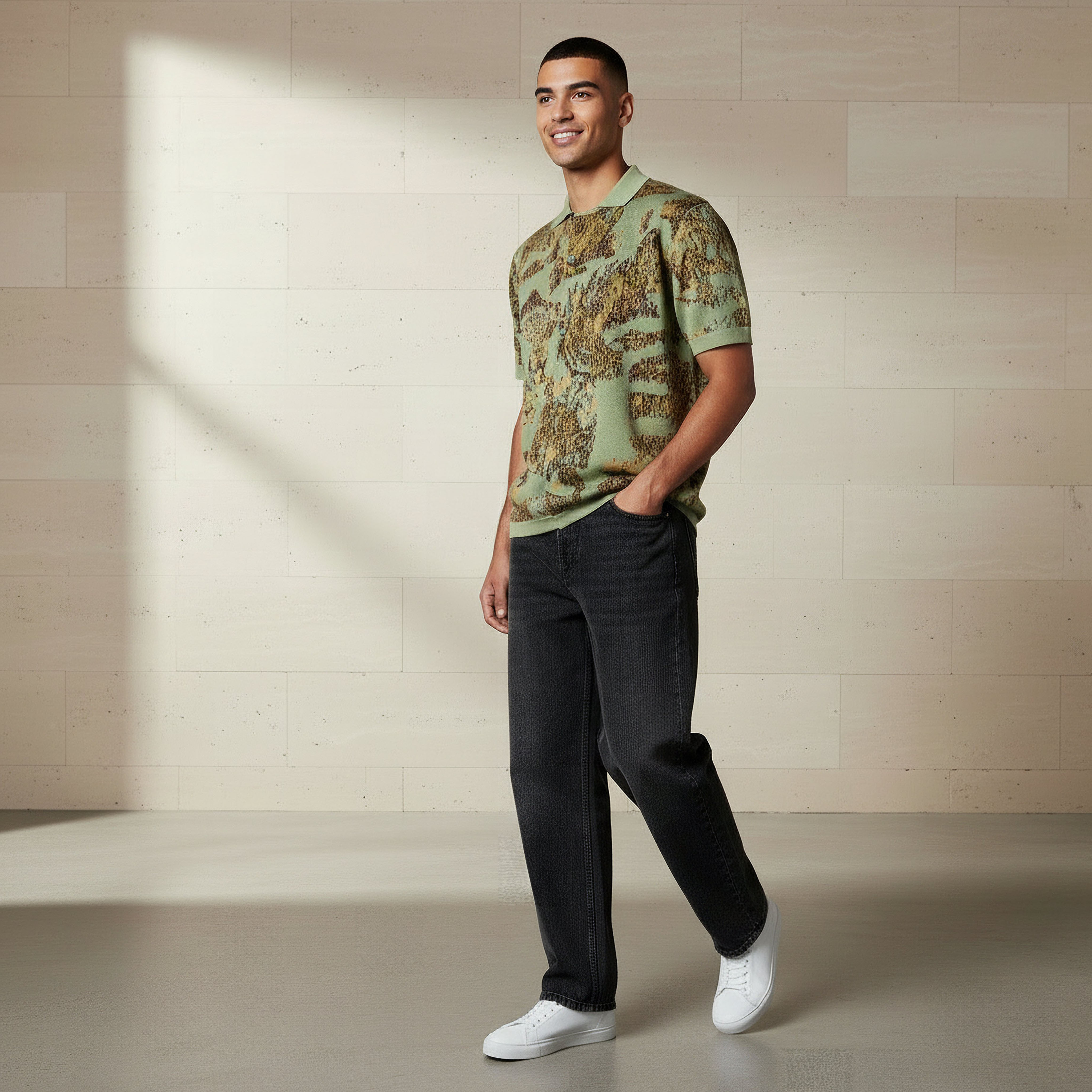 Men Regular Fit Jacquard Button Down Short Sleeve Polo Shirt-men-clothing-shirts-image-2
