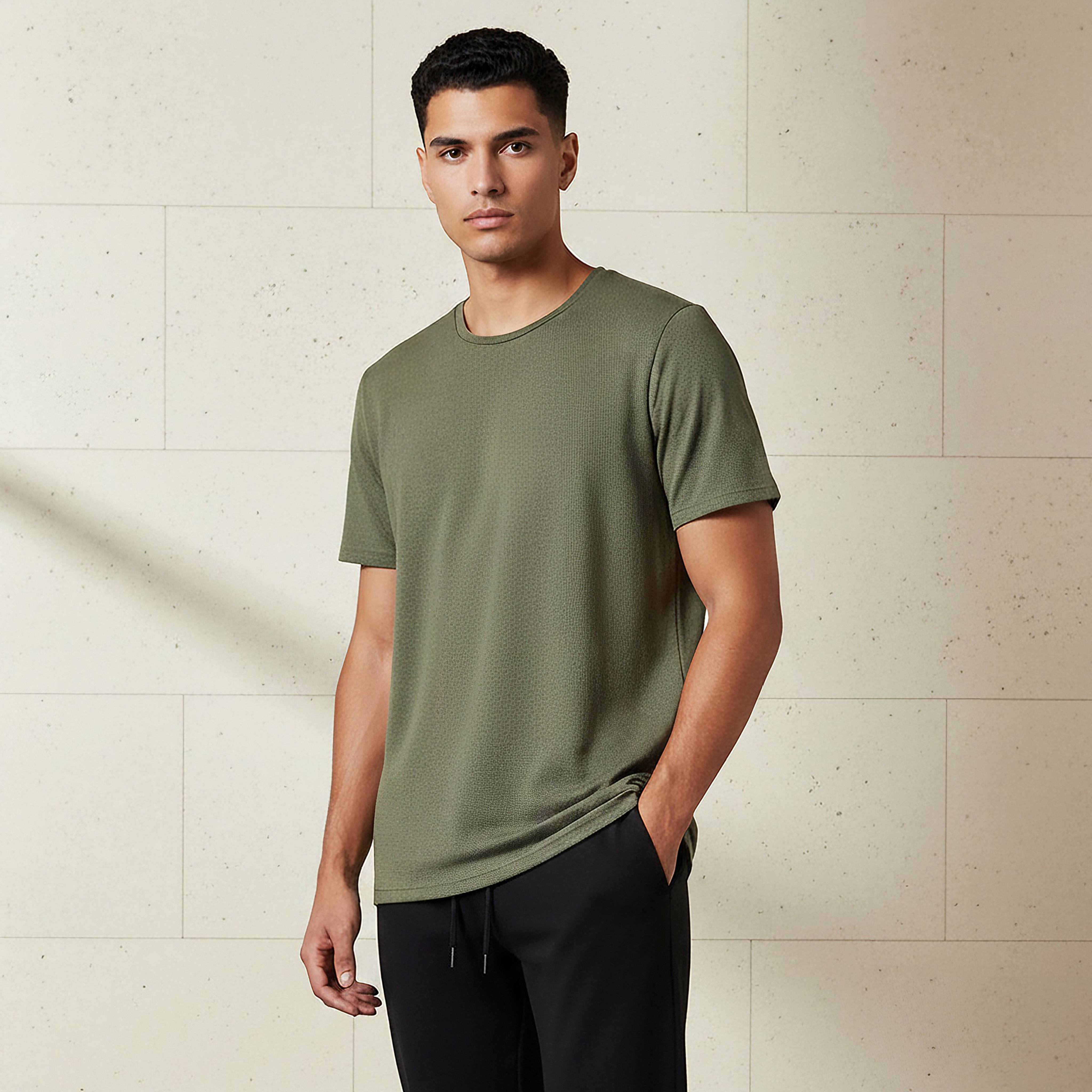 تيشيرت رجالي بقصة سليم وياقة ضيقة وملمس بارز وأكمام قصيرة من آيكونيك-men-clothing-tshirtsandpolos-tshirts-image-1