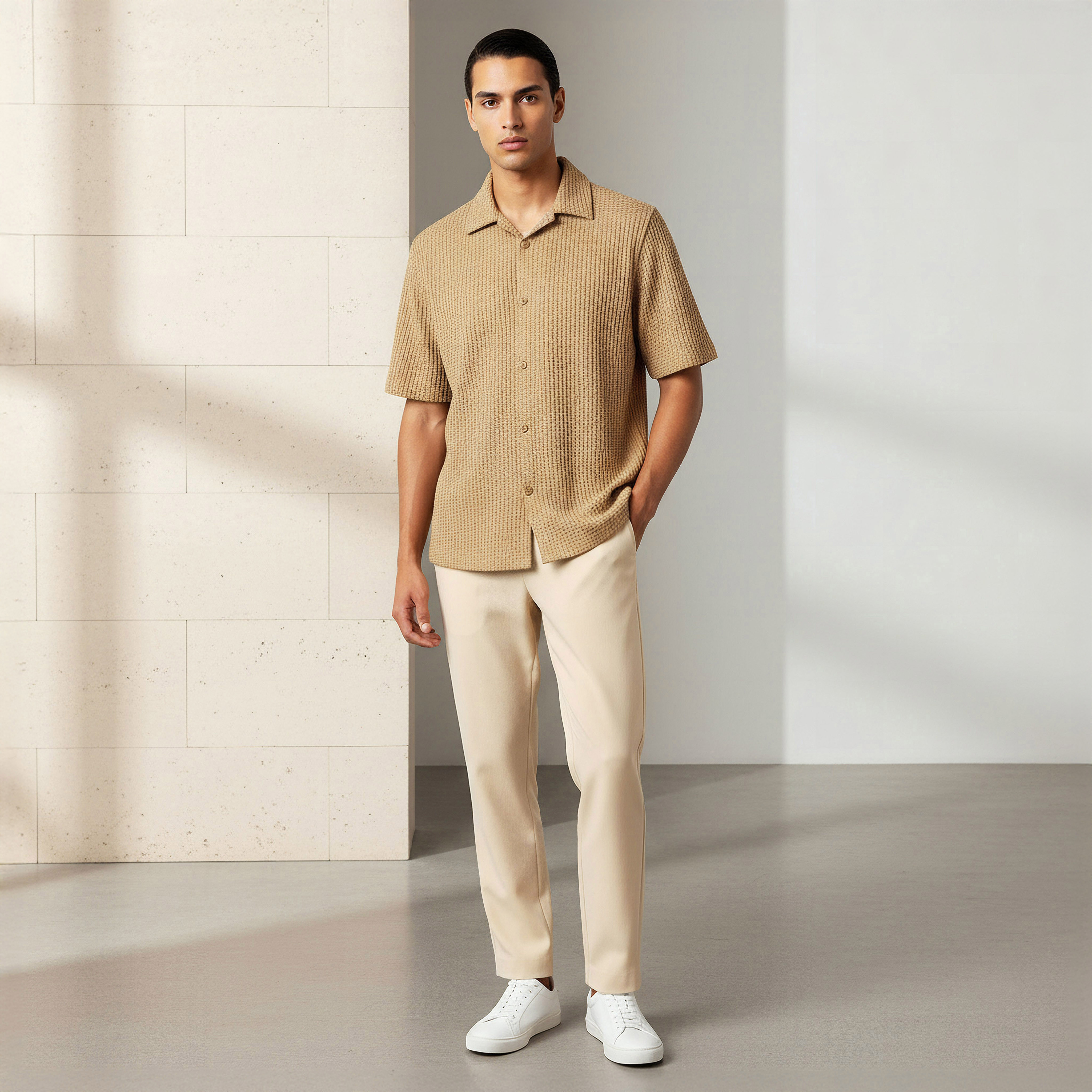 قميص بقصّة عادية وياقة كامب وأكمام قصيرة بارز الملمس للرجال من أيكونيك-men-clothing-shirts-image-2