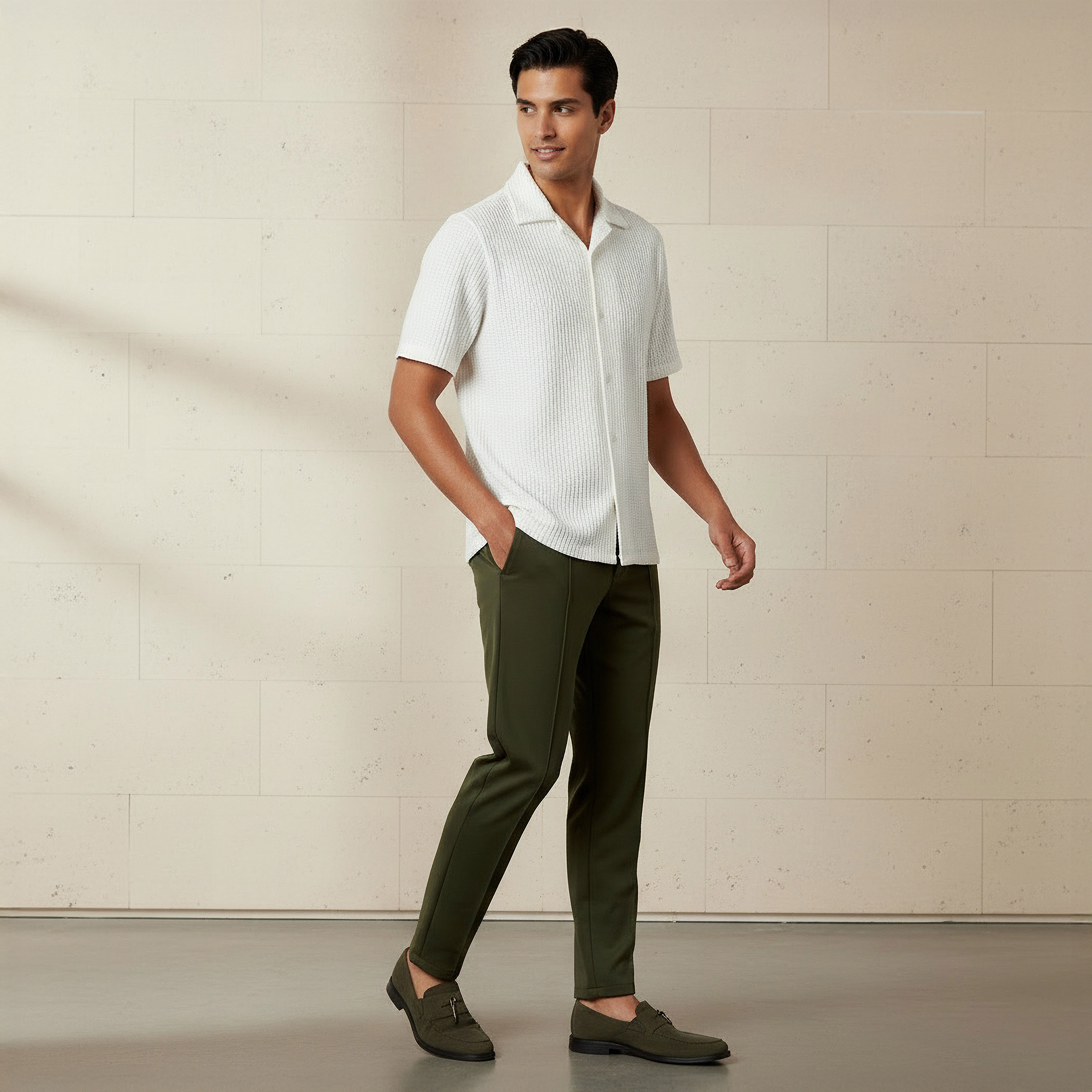 قميص بقصّة عادية وياقة كامب وأكمام قصيرة بارز الملمس للرجال من أيكونيك-men-clothing-shirts-image-2
