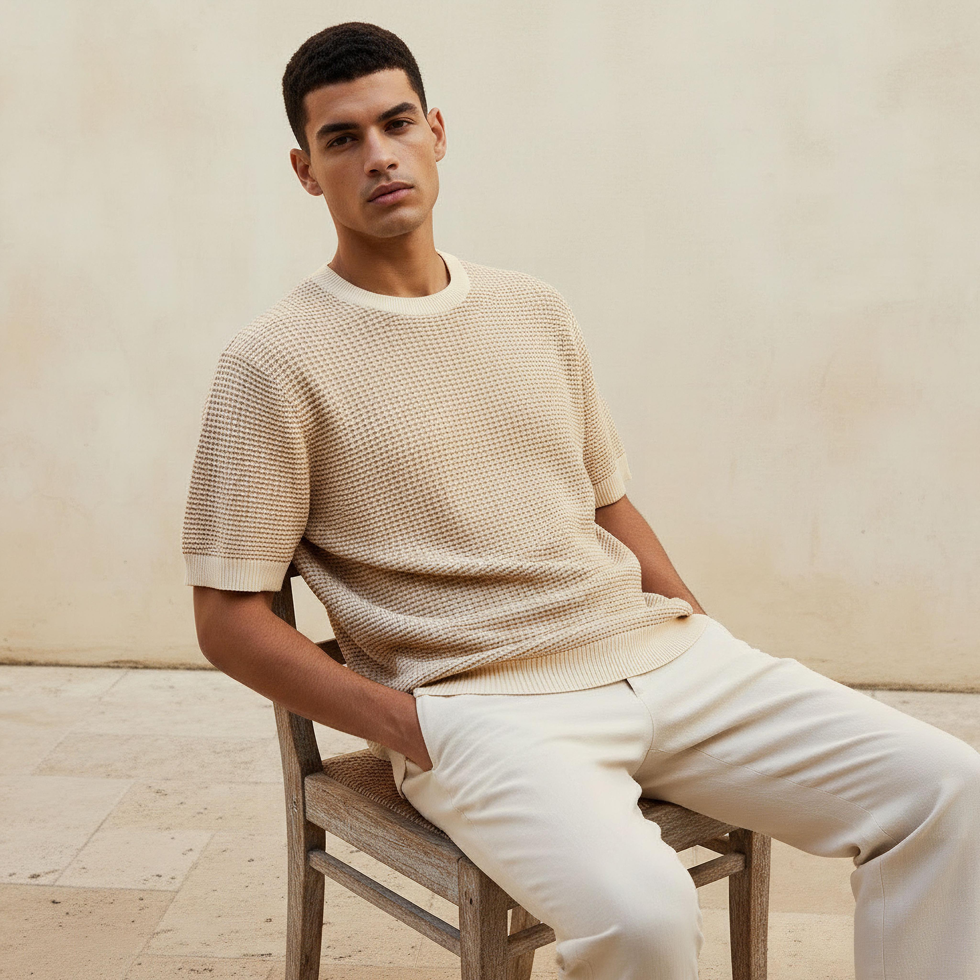تيشيرت وافل بارز الملمس بقصّة عادية وياقة ضيقة وأكمام قصيرة للرجال من آيكونيك-men-clothing-tshirtsandpolos-tshirts-image-2