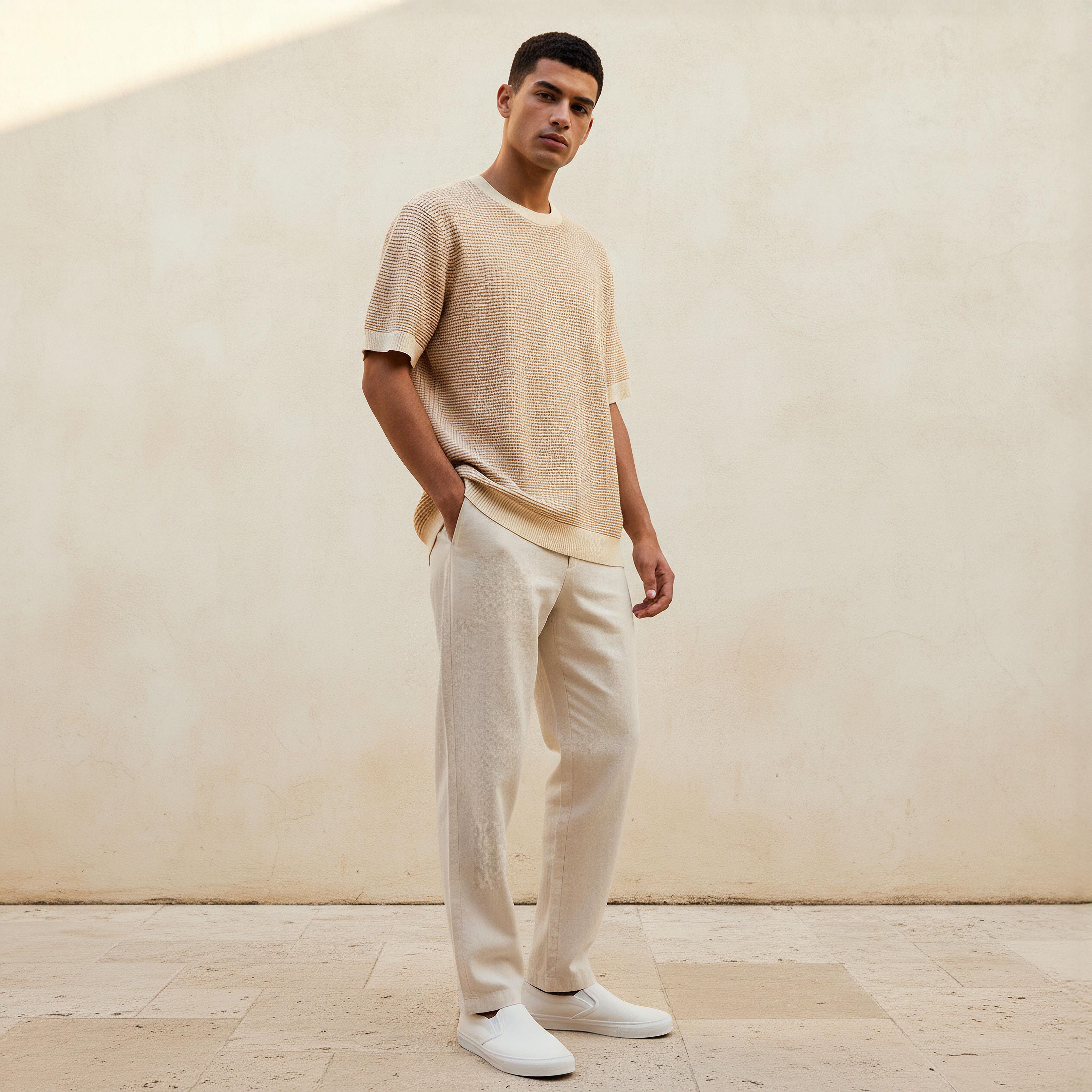 تيشيرت وافل بارز الملمس بقصّة عادية وياقة ضيقة وأكمام قصيرة للرجال من آيكونيك-men-clothing-tshirtsandpolos-tshirts-image-4