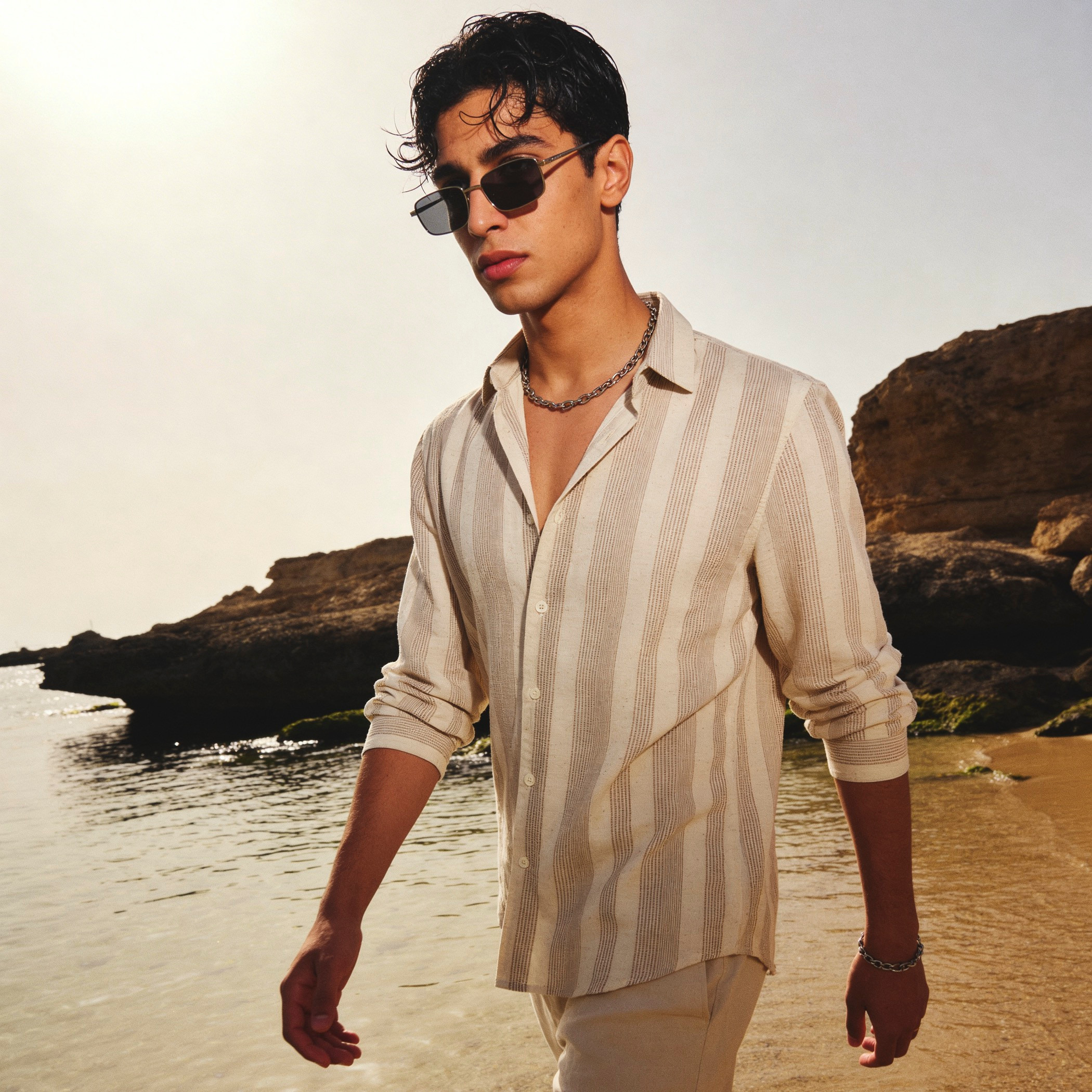 Iconic Men Regular Fit Collared Jacquard Striped Long Sleeves Shirt-men-clothing-shirts-image-1