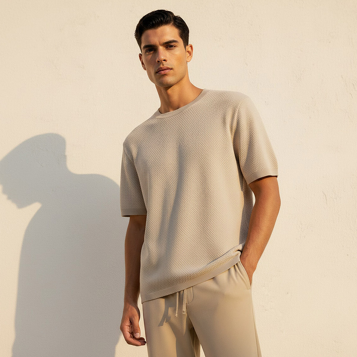 تيشيرت بارز الملمس بقصّة عادية وياقة ضيّقة من سبلاش آيكونيك-men-clothing-tshirtsandpolos-tshirts-image-1
