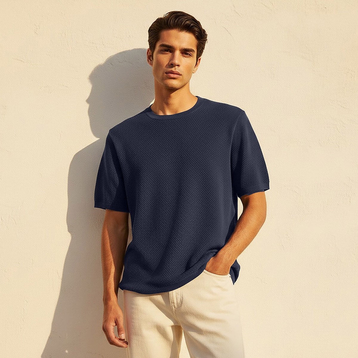 تيشيرت بارز الملمس بقصة عادية وياقة ضيقة وأكمام قصيرة للرجال من آيكونيك-men-clothing-tshirtsandpolos-tshirts-image-1