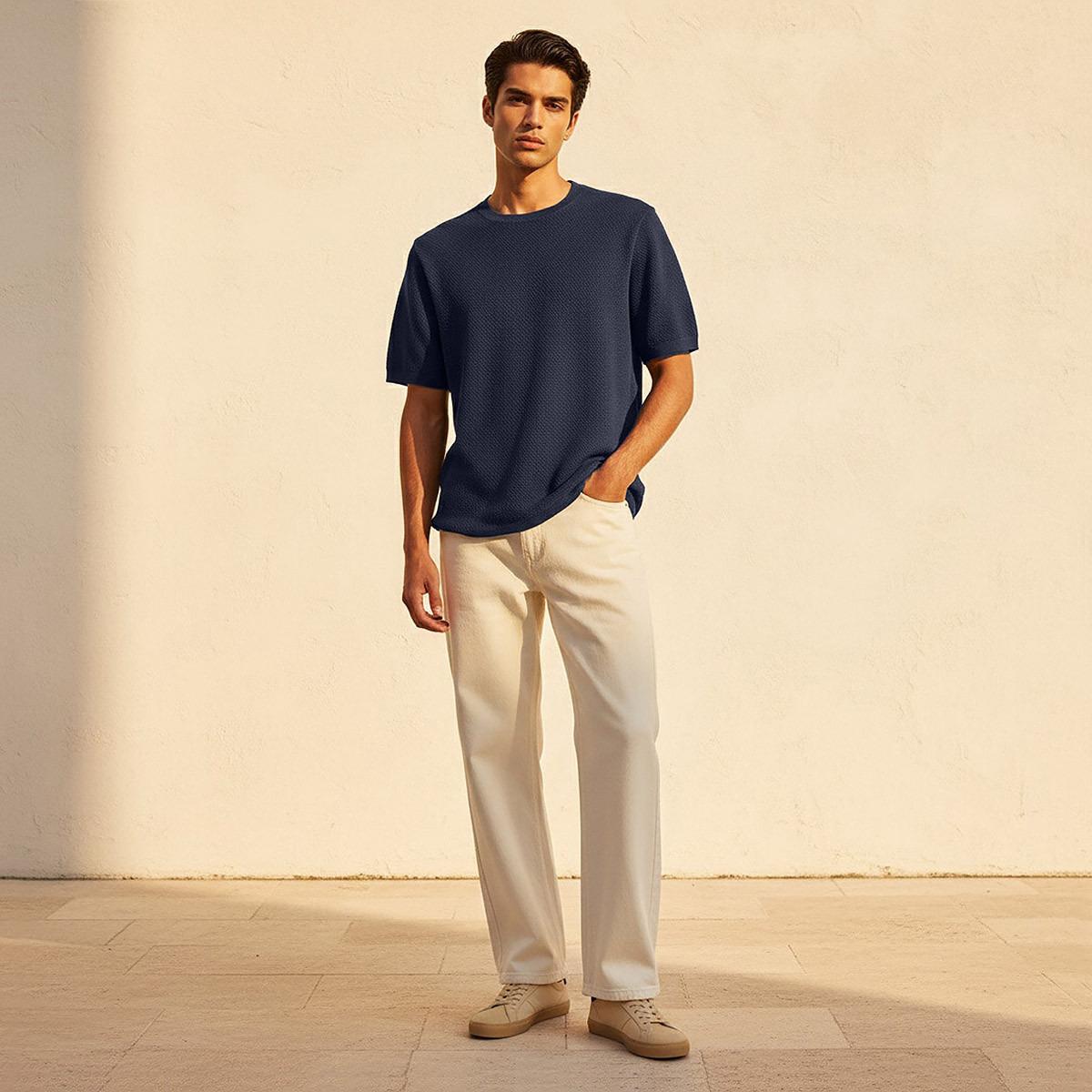 تيشيرت بارز الملمس بقصة عادية وياقة ضيقة وأكمام قصيرة للرجال من آيكونيك-men-clothing-tshirtsandpolos-tshirts-image-3