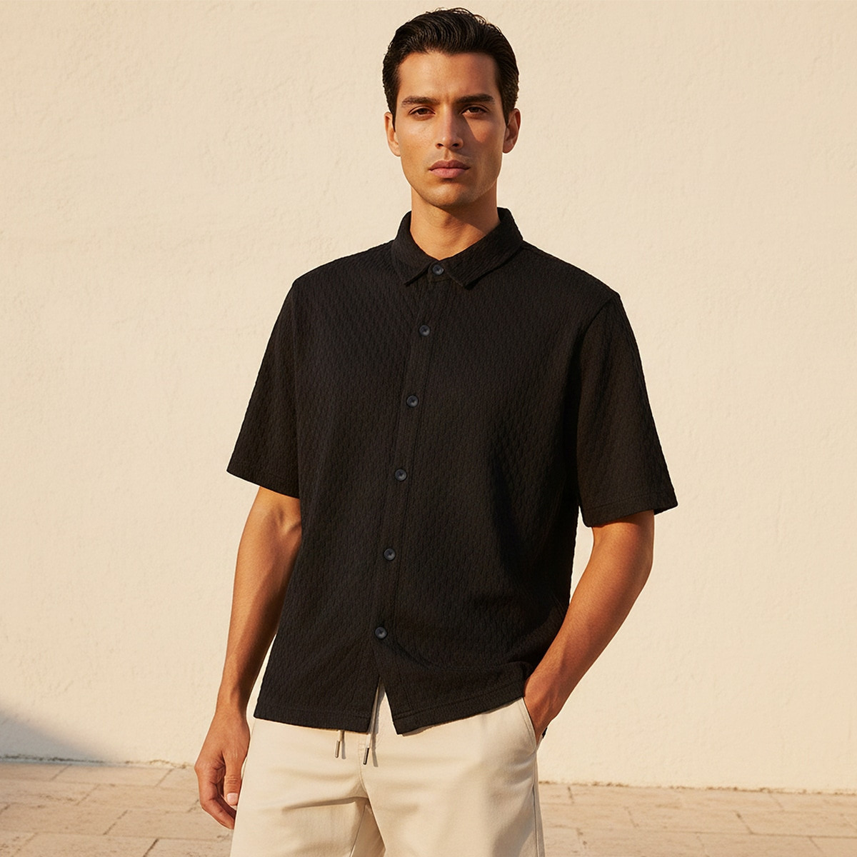 Splash Iconic Regular Fit Collared Jacquard Textured Short Sleeves Shirt-men-clothing-shirts-image-1