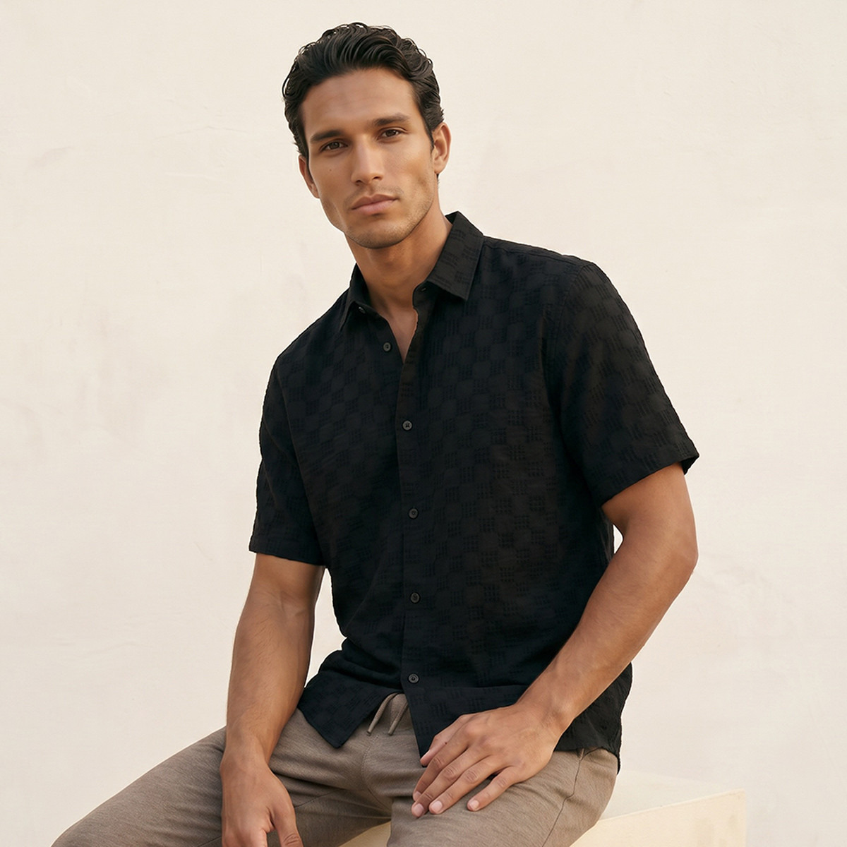 Splash Iconic Regular Fit Spread Collar Jacquard Short Sleeves Shirt-men-clothing-shirts-image-1