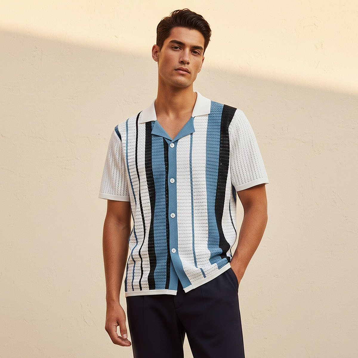 Splash Iconic Camp Collar Striped Short Sleeves Shirt-men-clothing-shirts-image-1