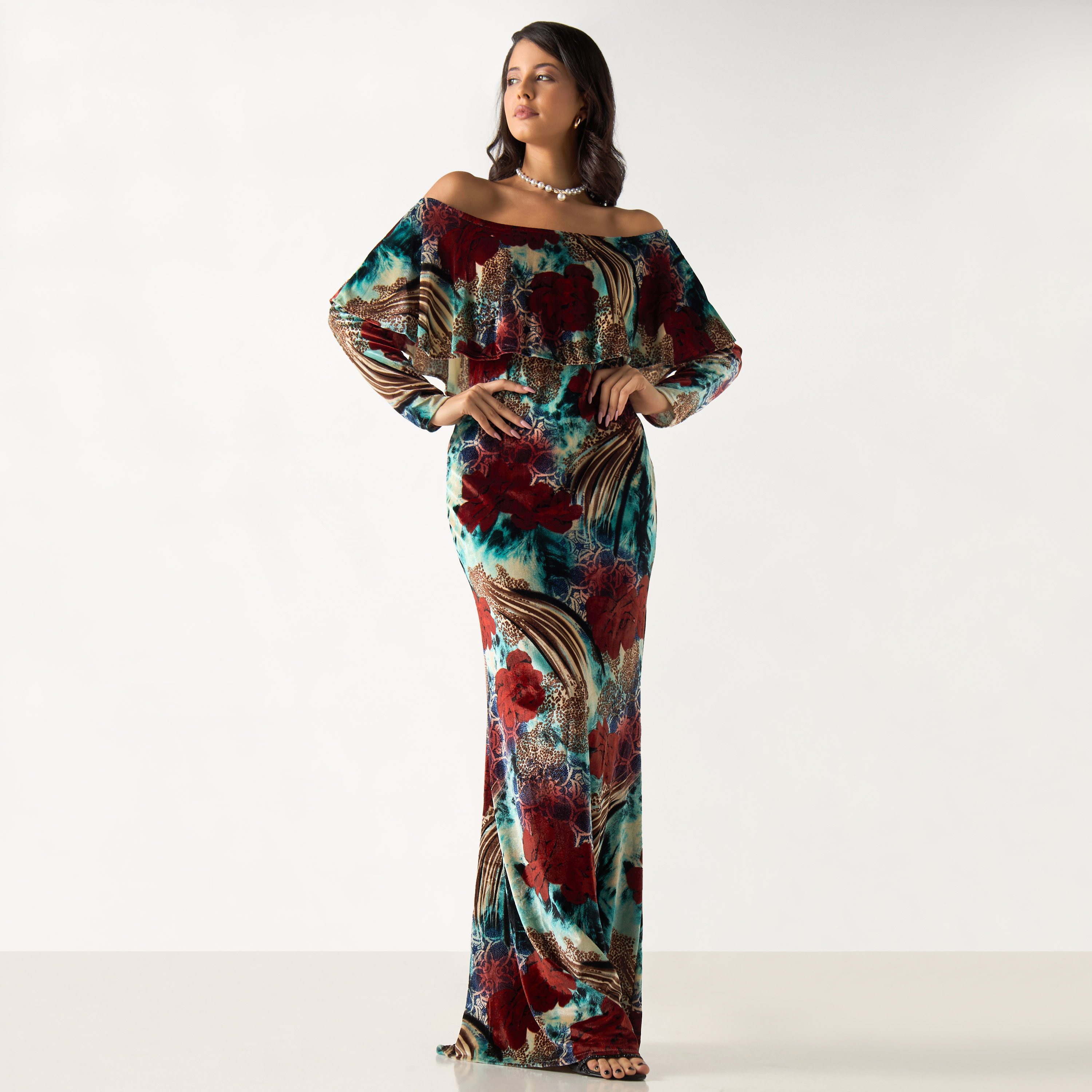 Golden Apple All-Over Floral Print Off Shoulder Maxi Dress with Long Sleeves-women-clothing-dresses-image-1