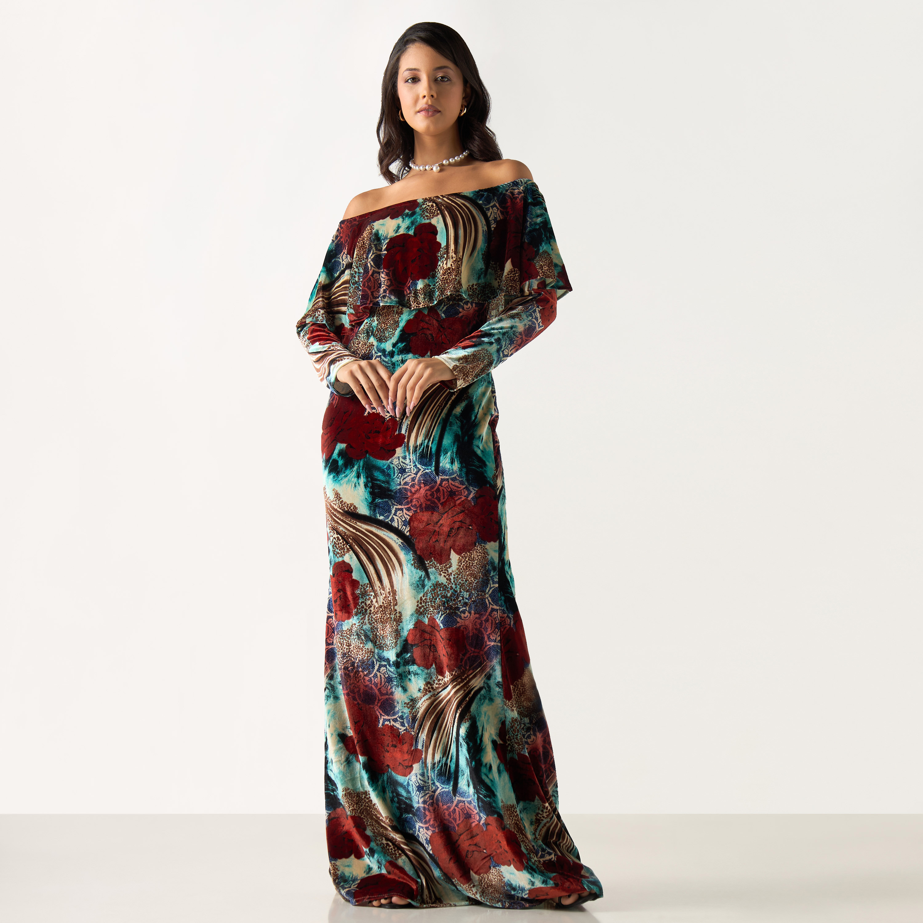 Golden Apple All-Over Floral Print Off Shoulder Maxi Dress with Long Sleeves-women-clothing-dresses-image-2