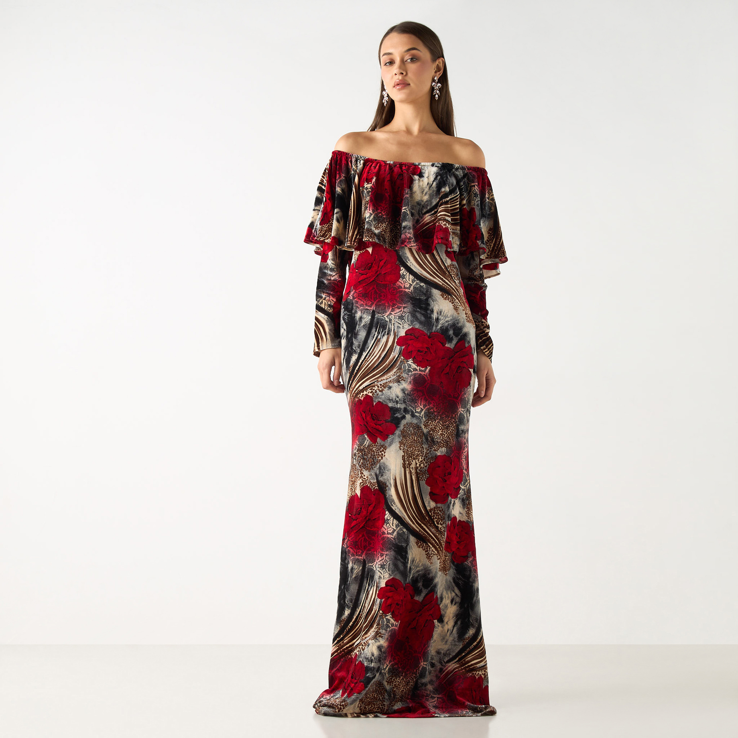 فستان ماكسي بأكتاف مكشوفة وأكمام طويلة وطبعات زهرية من جولدن آبل-women-clothing-dresses-image-6