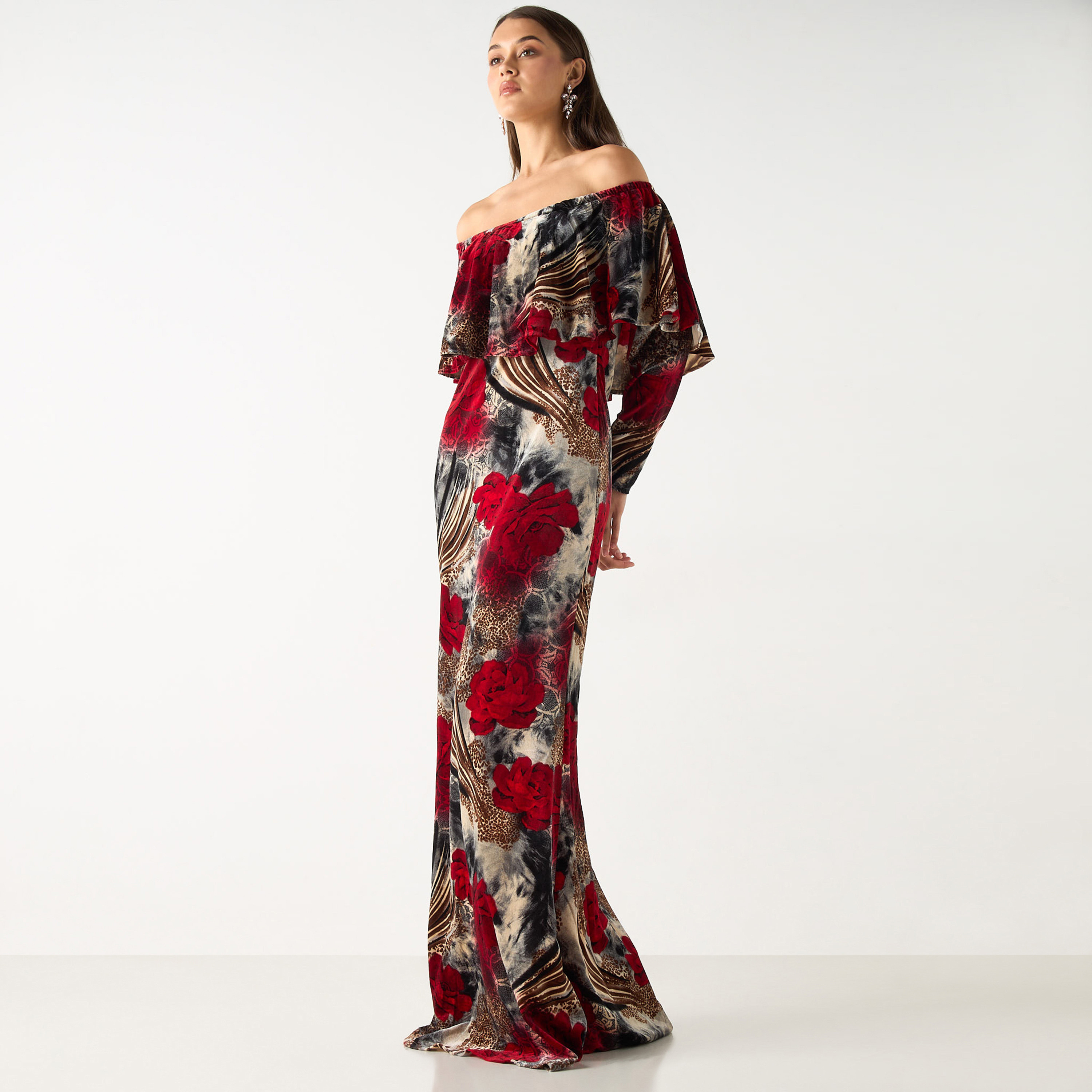 فستان ماكسي بأكتاف مكشوفة وأكمام طويلة وطبعات زهرية من جولدن آبل-women-clothing-dresses-image-7