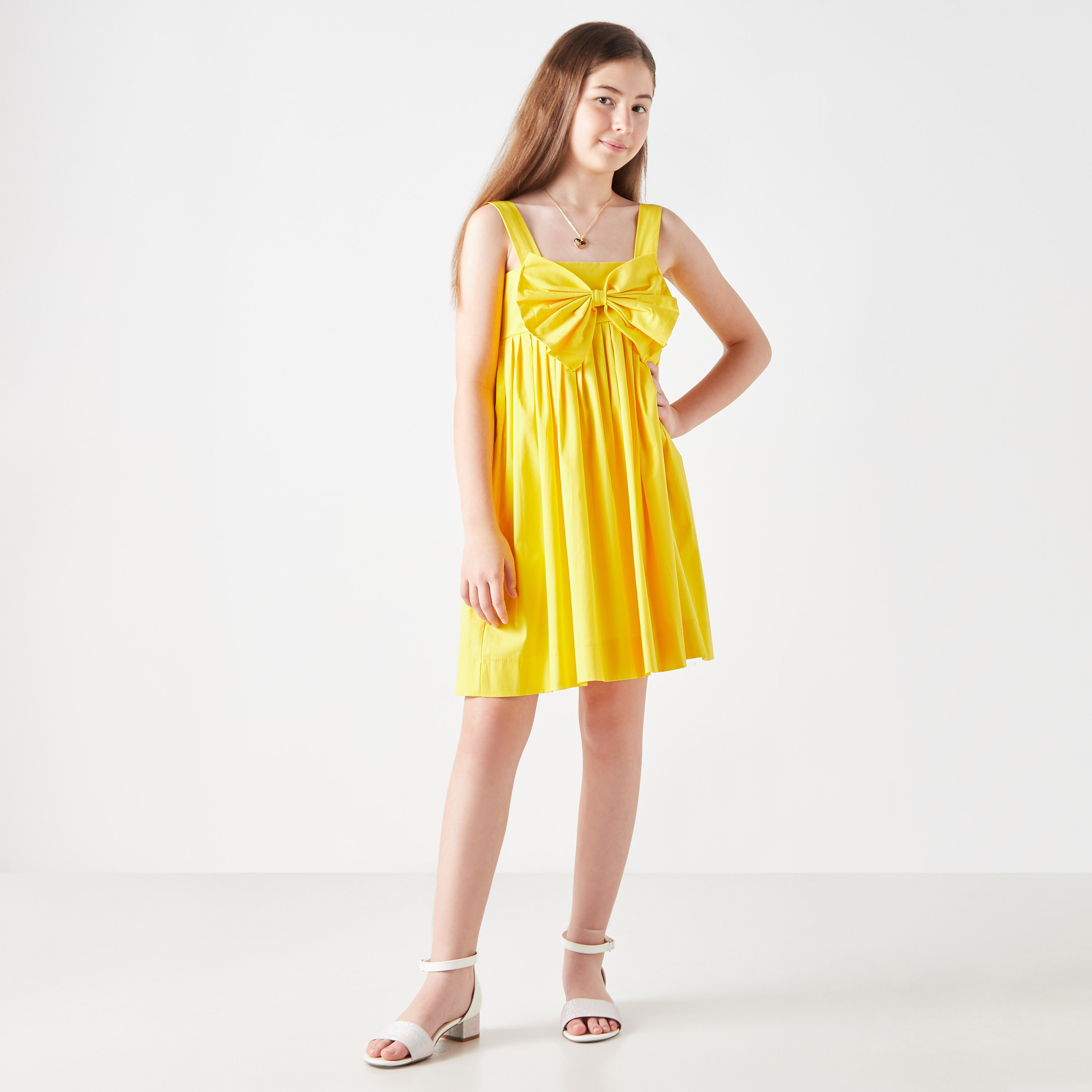 Little Golden Apple Solid Sleeveless Dress with Square Neck and Bow Accent-girls-clothing-dressesandjumpsuits-image-2