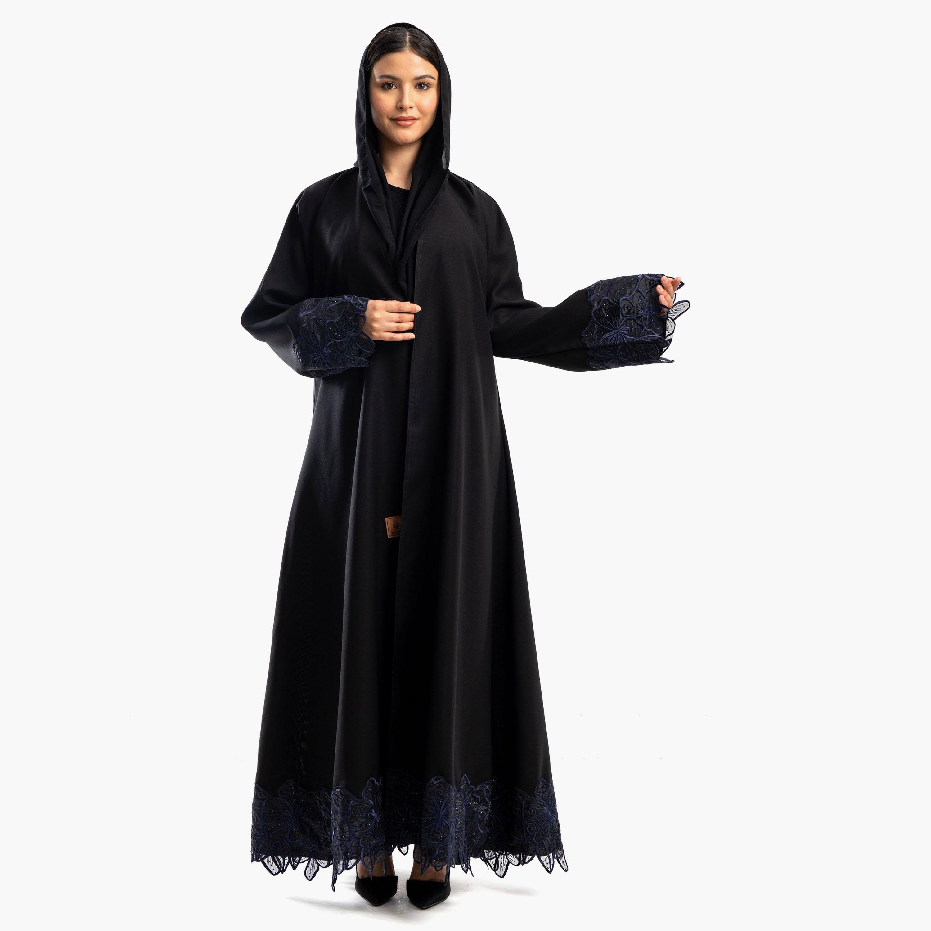 Zahiyh Embroidered Black Lapel Collared Flared Sleeves Women's Cloche Abaya with Tarha-women-arabicclothing-abayas-image-1