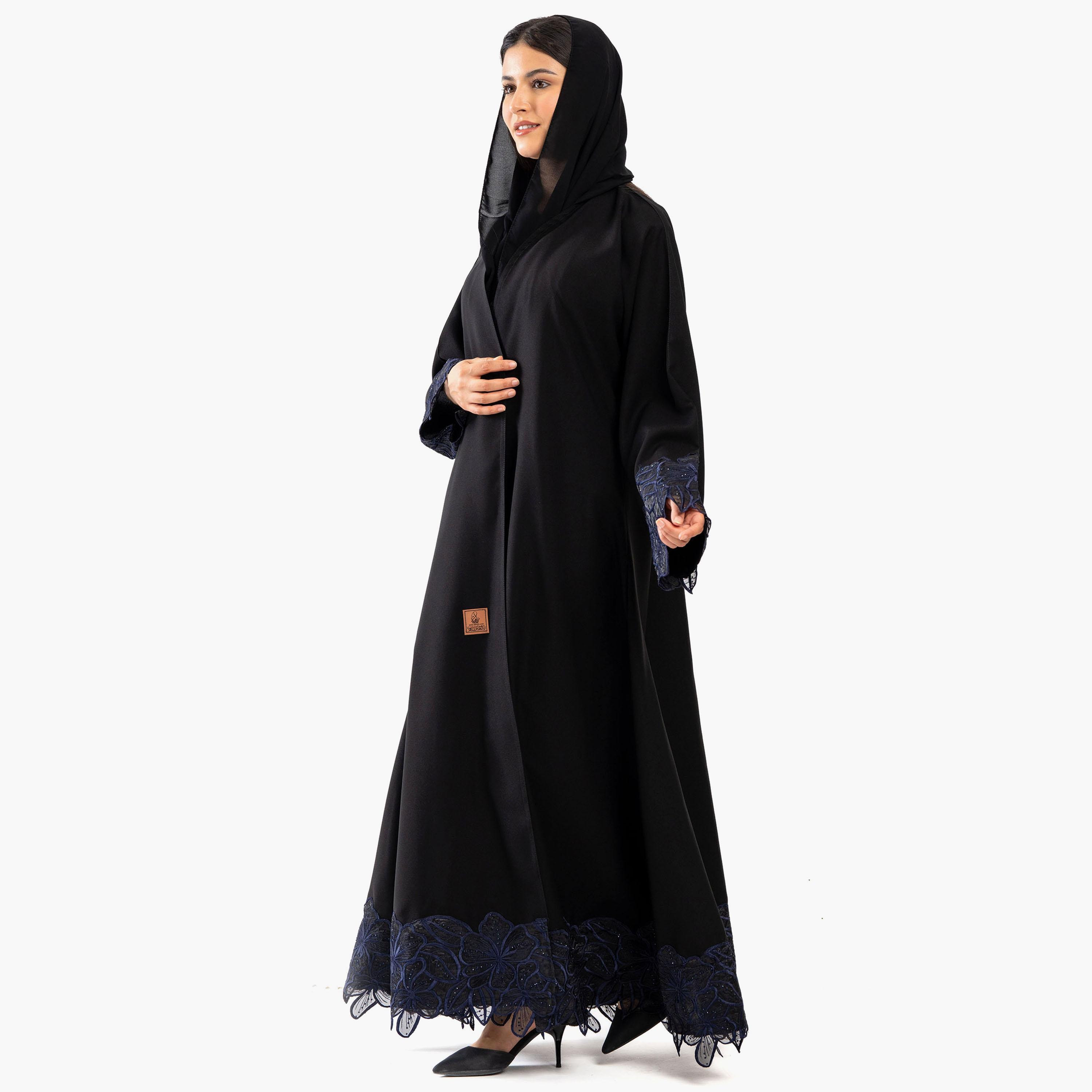 Zahiyh Embroidered Black Lapel Collared Flared Sleeves Women's Cloche Abaya with Tarha-women-arabicclothing-abayas-image-2
