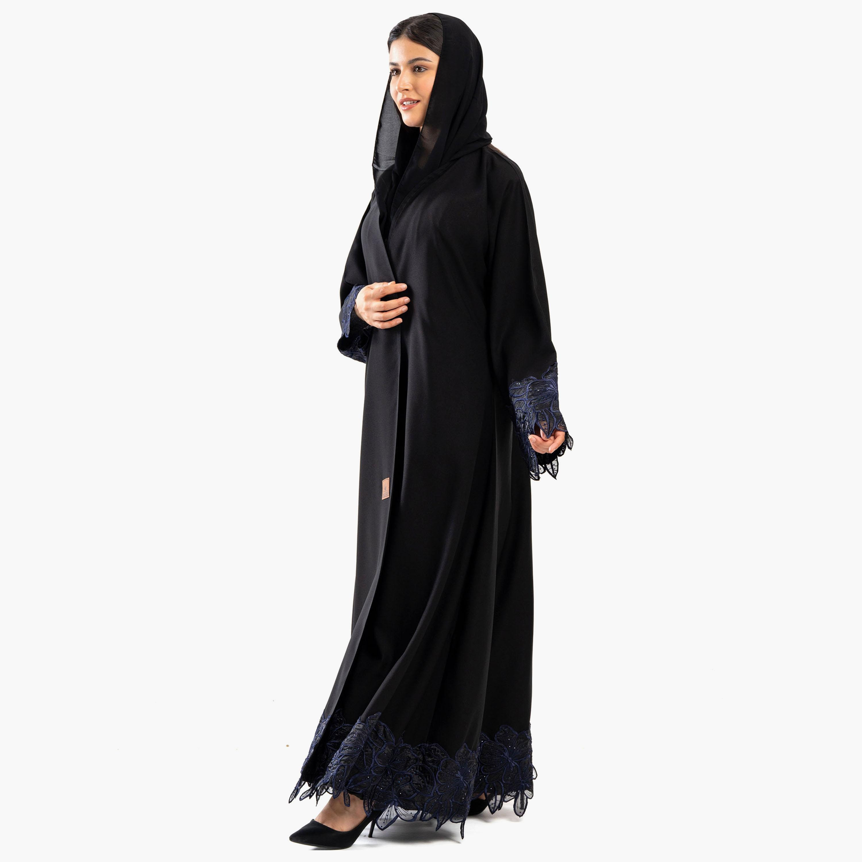 Zahiyh Embroidered Black Lapel Collared Flared Sleeves Women's Cloche Abaya with Tarha-women-arabicclothing-abayas-image-3