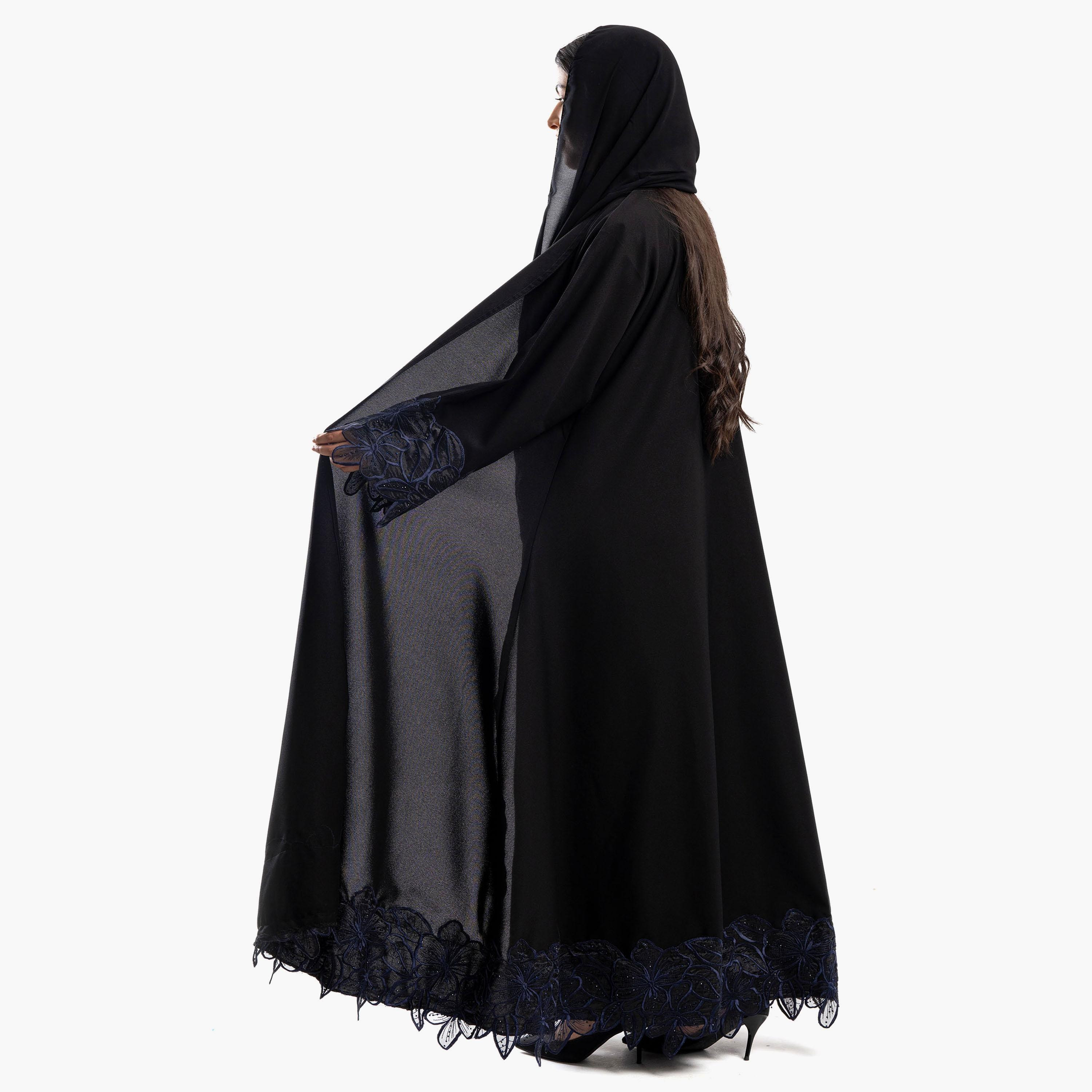 Zahiyh Embroidered Black Lapel Collared Flared Sleeves Women's Cloche Abaya with Tarha-women-arabicclothing-abayas-image-4