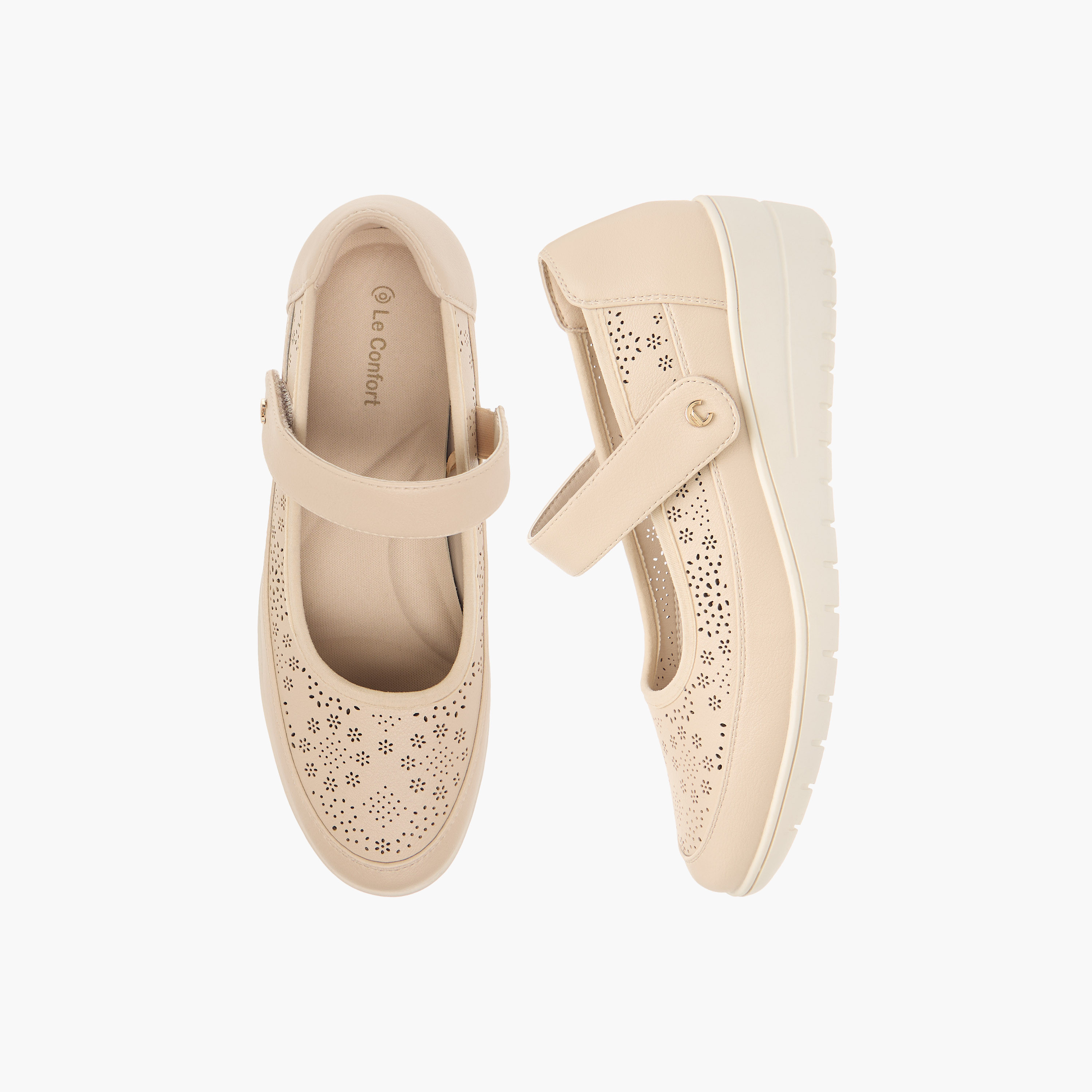 Le Confort Laser Cut Comfort Ballerina Shoes with Hook and Loop Closure-women-shoes-ballerinas-image-1