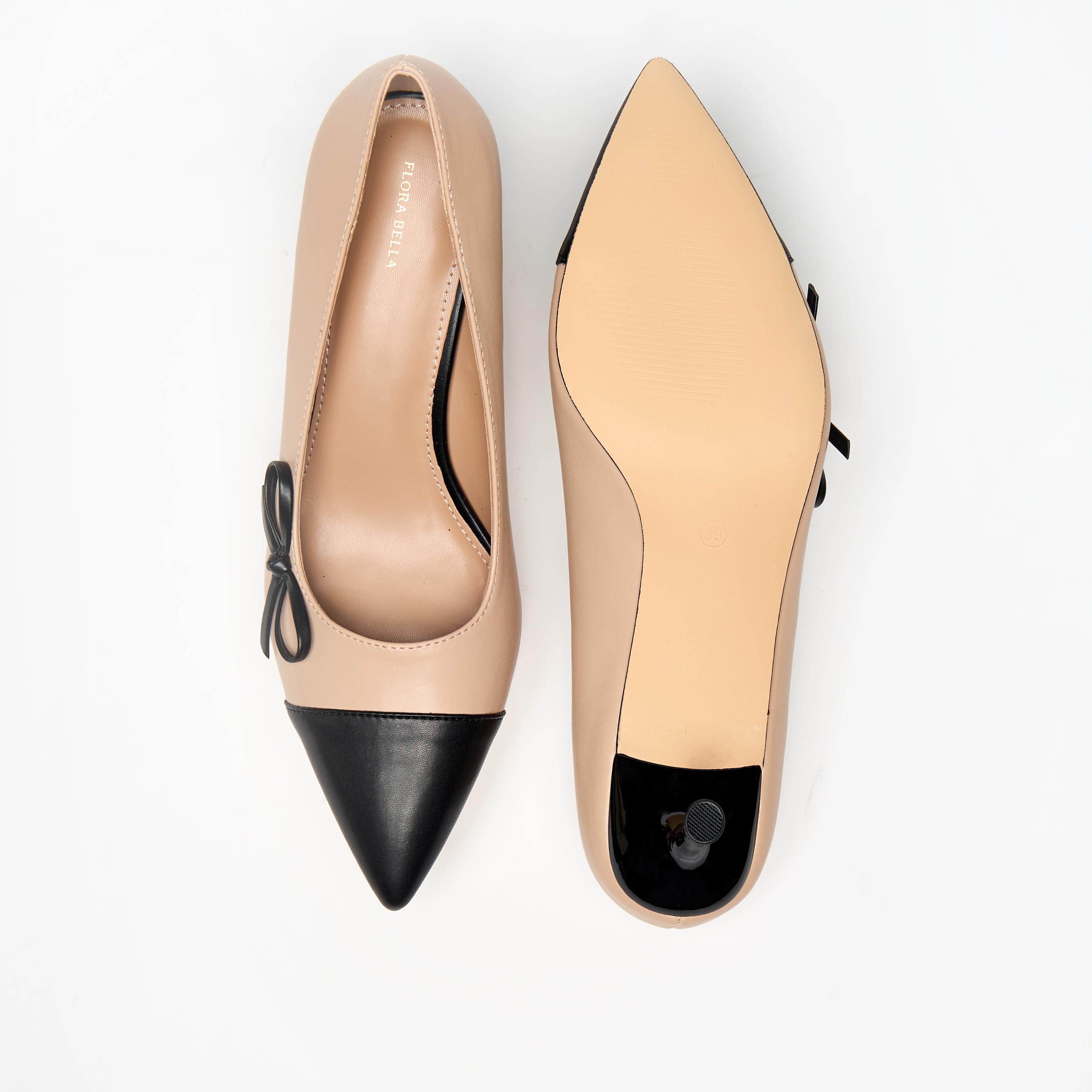 Flora Bella Dual Tone Slip-On Pumps with Kitten Heels and Bow Applique-women-shoes-heels-image-4