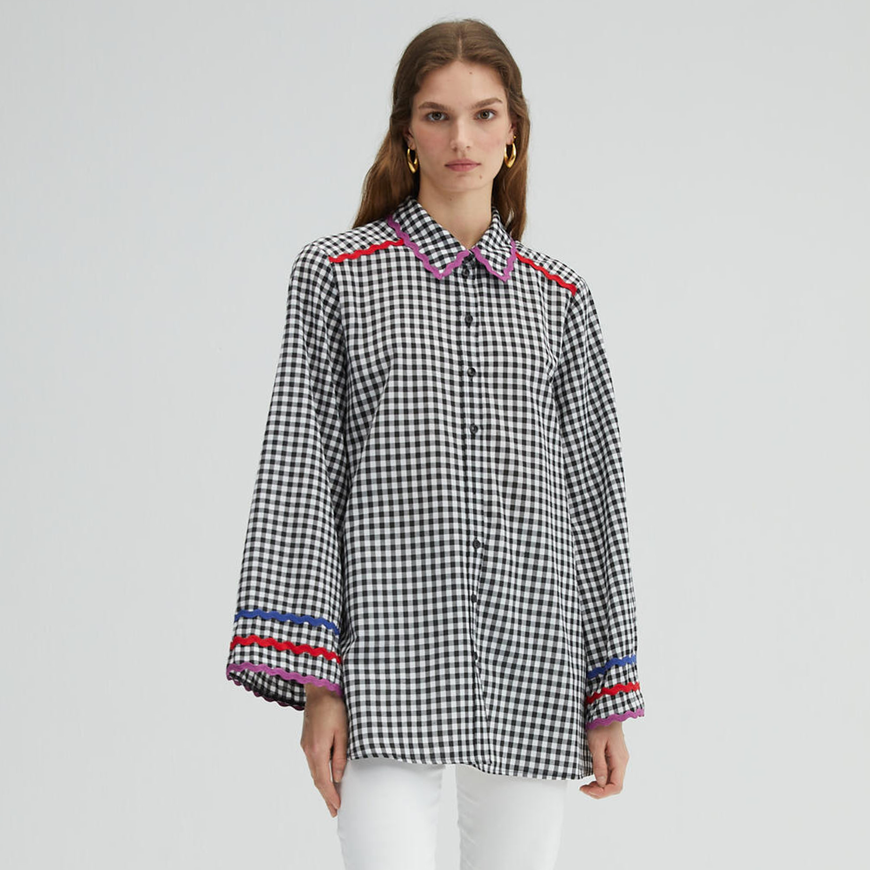 قميص بأكمام طويلة بياقة ذات مربعات من توش بريف-women-clothing-shirtsandblouses-blouses-image-1