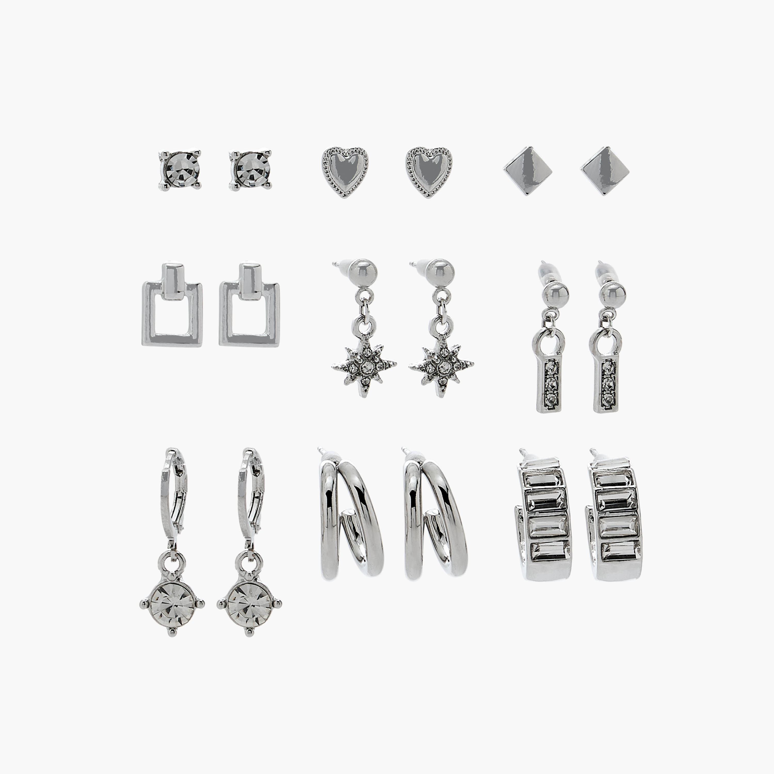 Flora Bella Pack of 9 Silver Tone Earrings with Pushback Closure-women-watchesandjewellery-jewellery-earrings-image-1