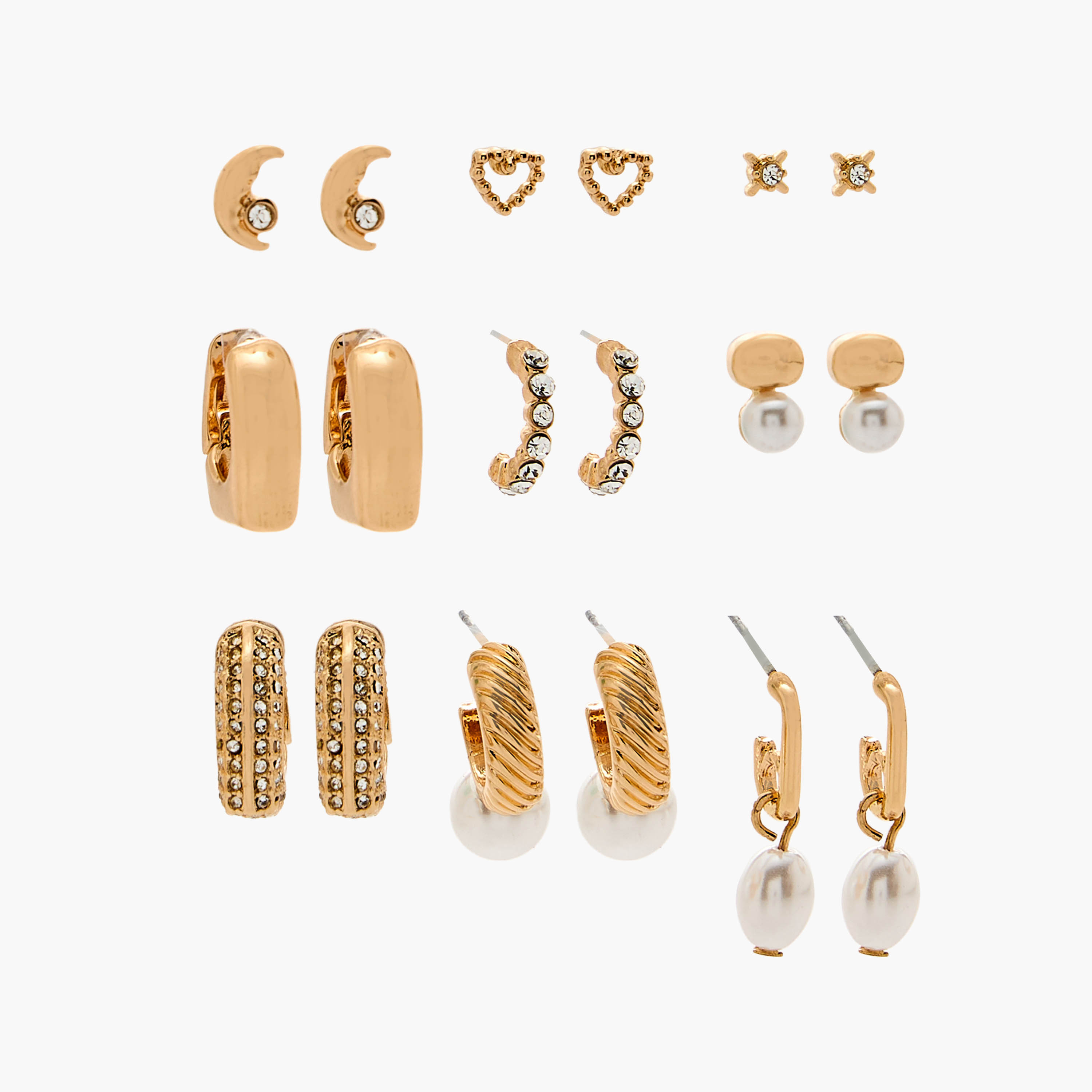 Flora Bella Pack of 9 Gold Tone Assorted Earrings-women-watchesandjewellery-jewellery-earrings-image-1