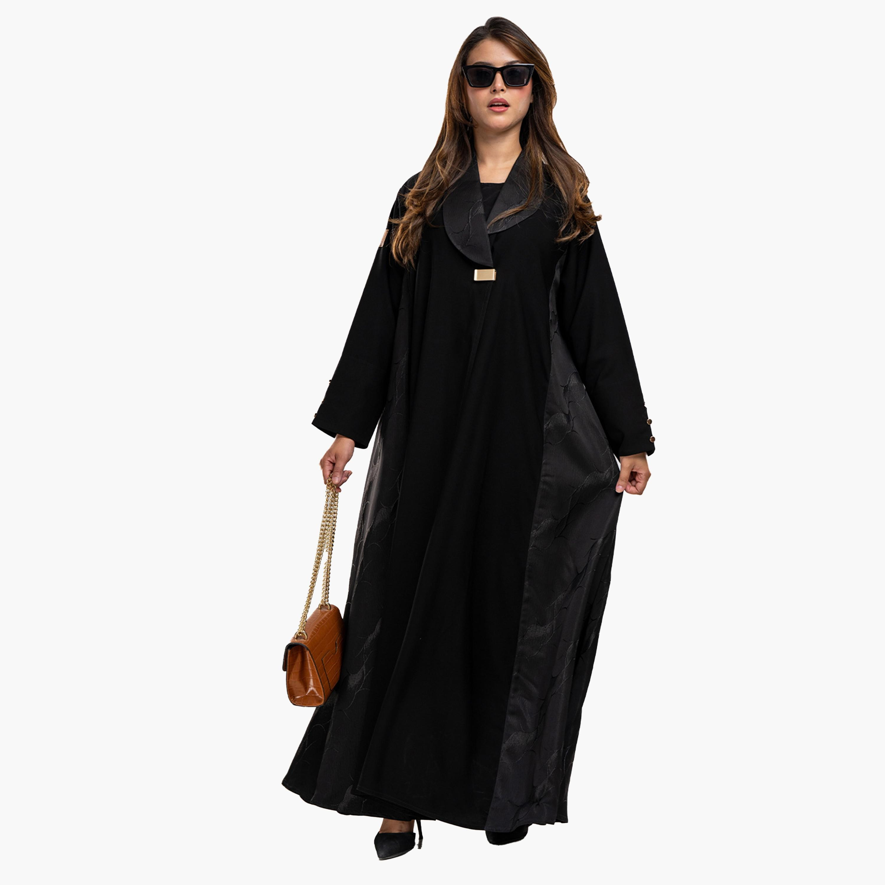 عباية نسائية من قماش الكريب والجاكار مع طرحة مطرزة باللون الأسود من زاهيه-women-arabicclothing-abayas-image-1