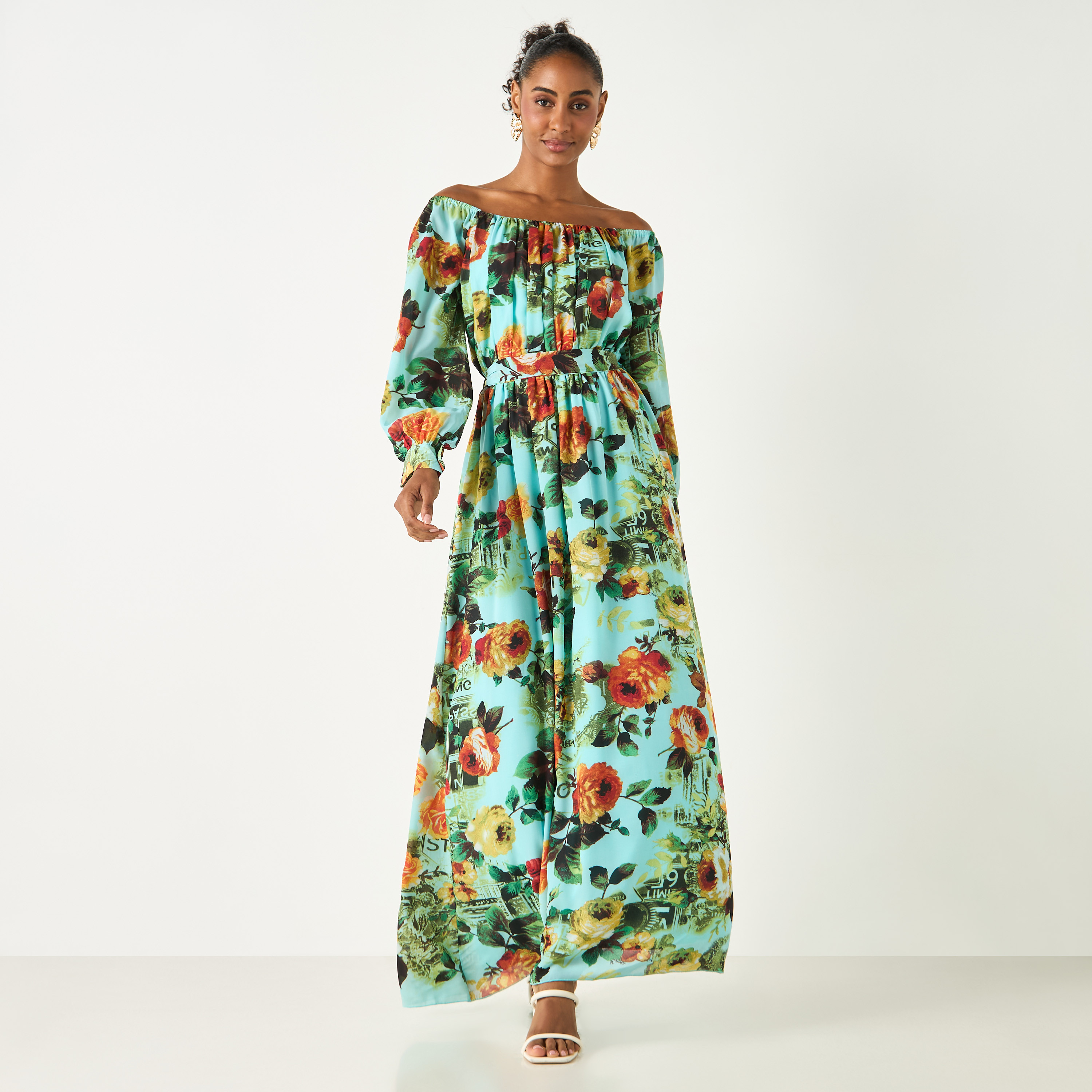Golden Apple All-Over Floral Print Off Shoulder Dress with Tie-Up Belt-women-clothing-dresses-image-1