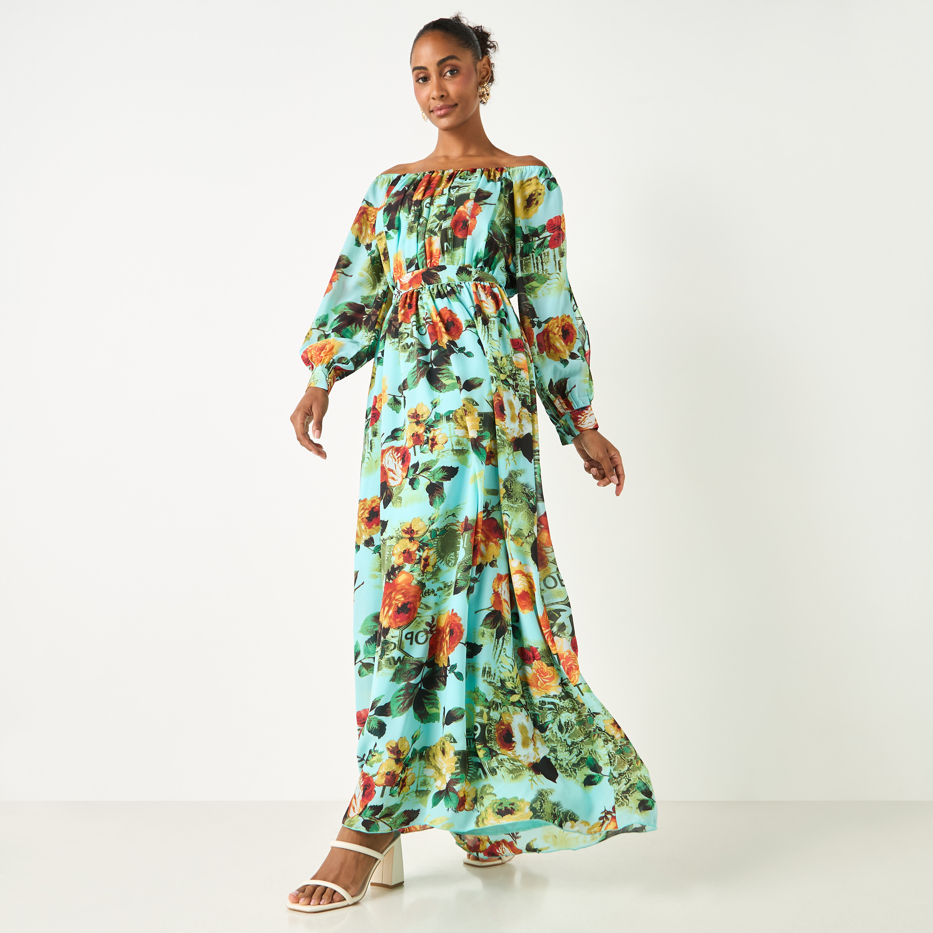 Golden Apple All-Over Floral Print Off Shoulder Dress with Tie-Up Belt-women-clothing-dresses-image-2
