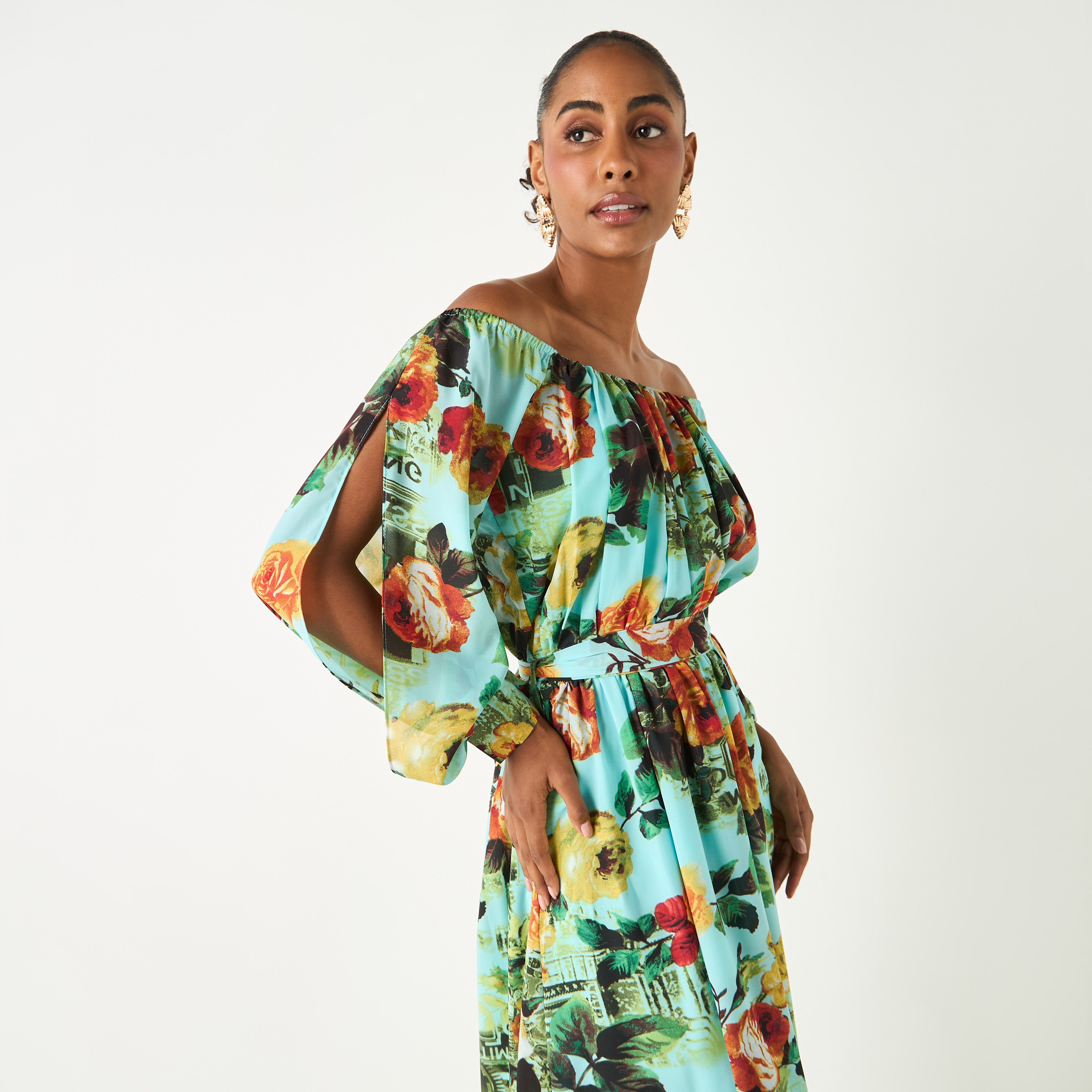 Golden Apple All-Over Floral Print Off Shoulder Dress with Tie-Up Belt-women-clothing-dresses-image-3