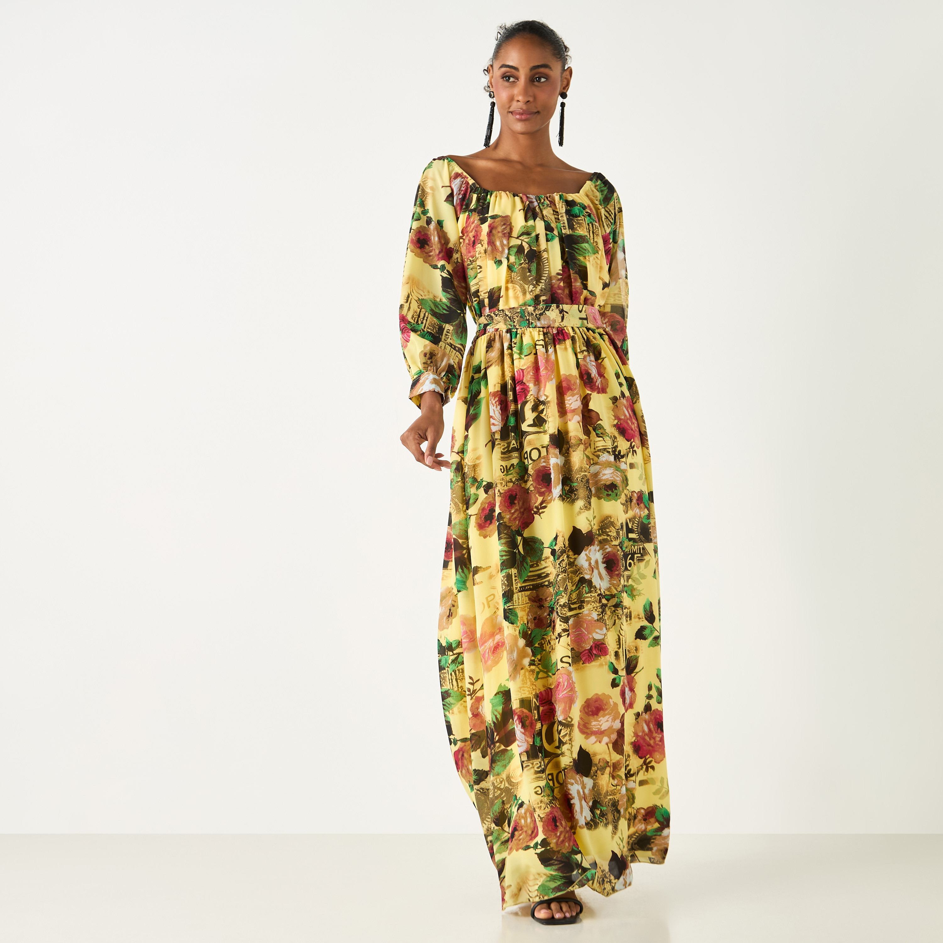 Golden Apple All-Over Floral Print Off Shoulder Dress with Tie-Up Belt-women-clothing-dresses-image-2
