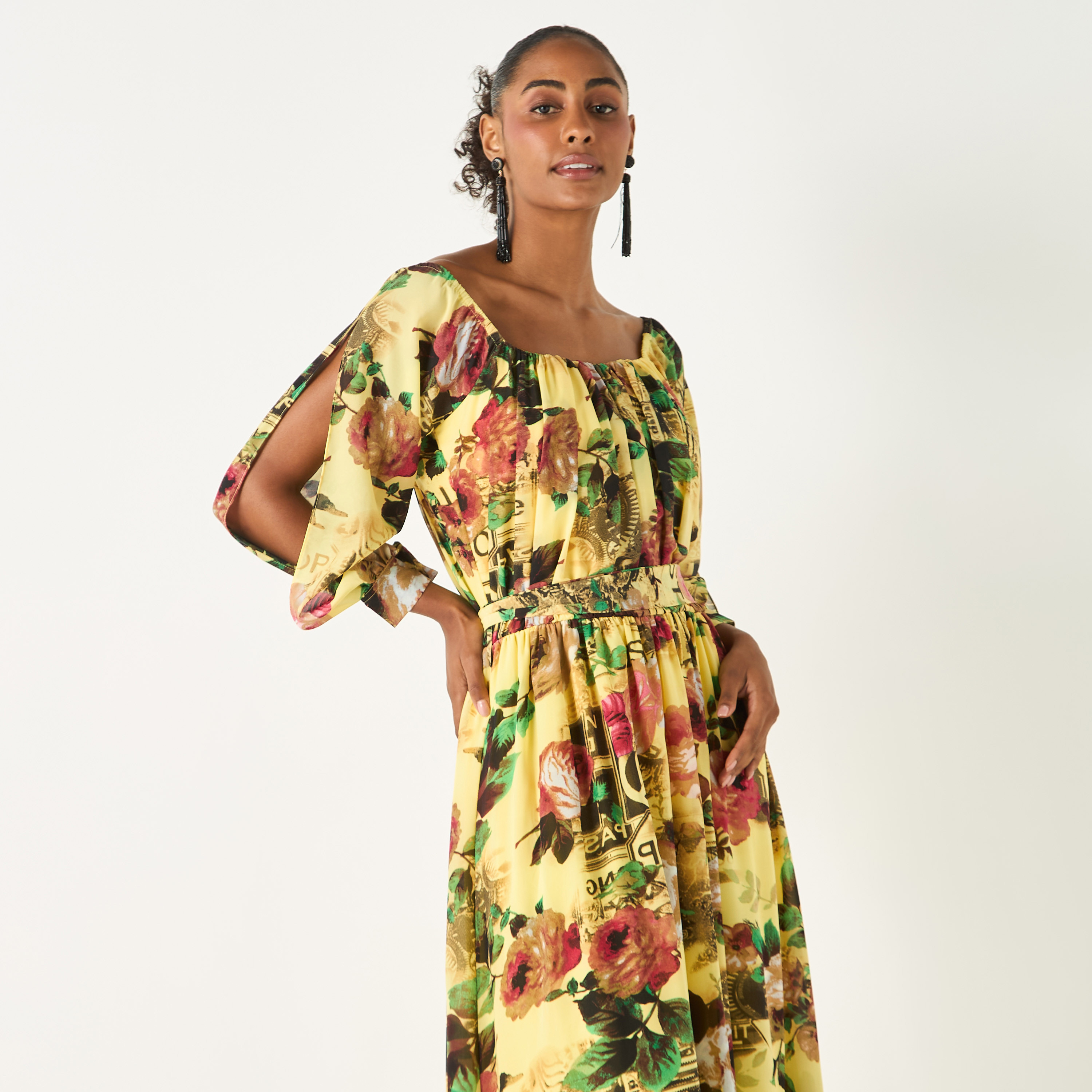 Golden Apple All-Over Floral Print Off Shoulder Dress with Tie-Up Belt-women-clothing-dresses-image-3