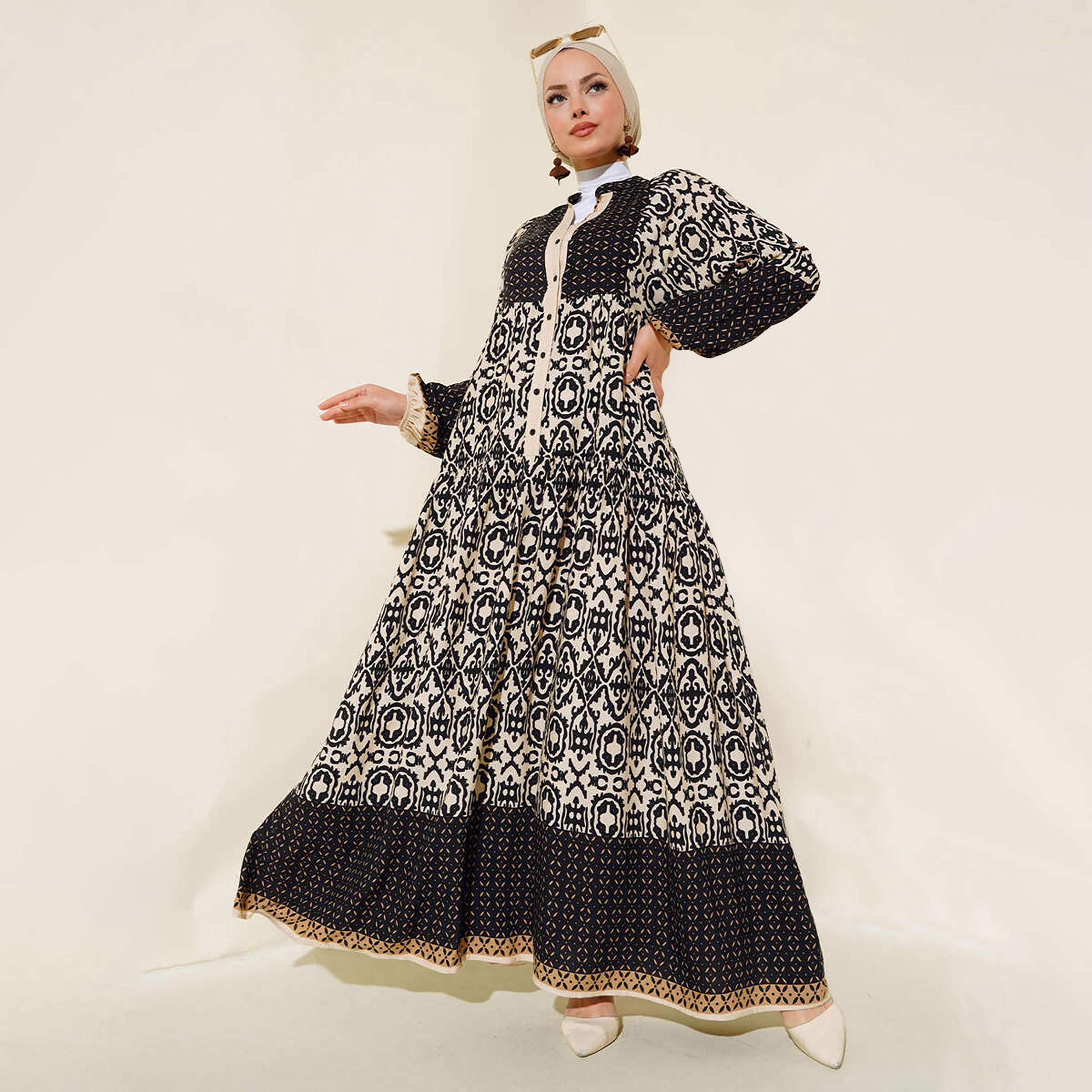 Bigdart Black Geometric Print Mandarin Collar Flared Maxi Women's Dress-women-clothing-dresses-image-1