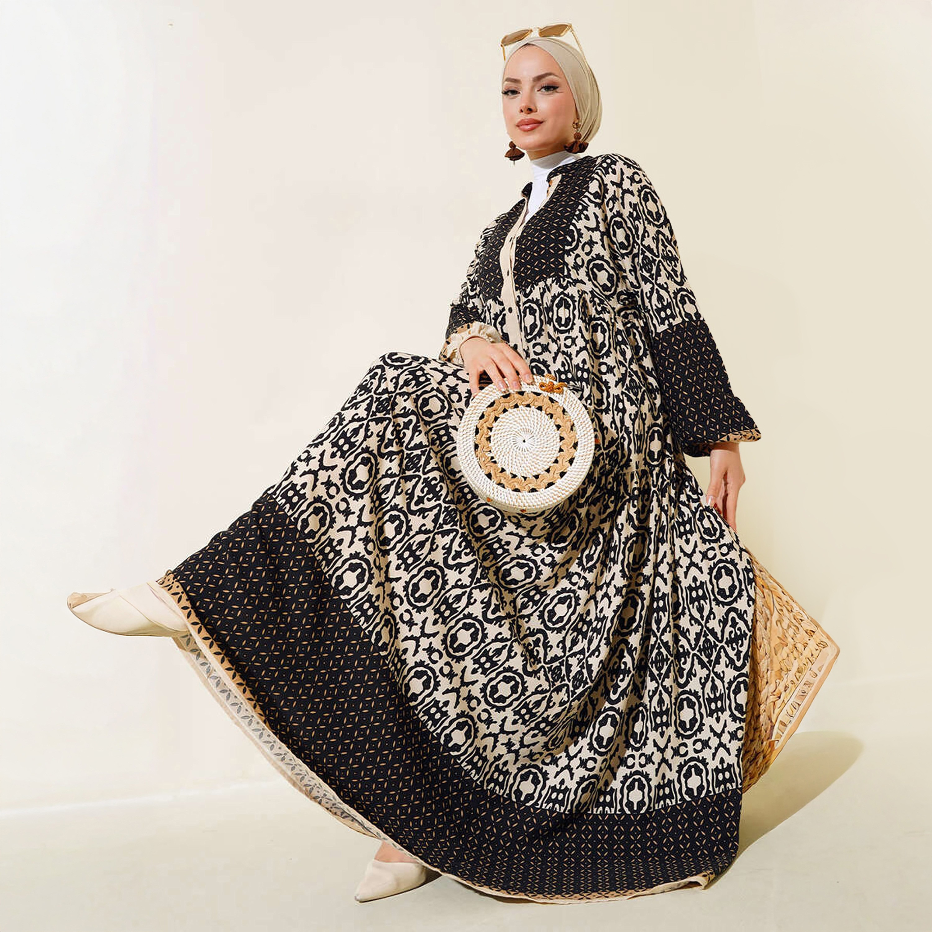 Bigdart Black Geometric Print Mandarin Collar Flared Maxi Women's Dress-women-clothing-dresses-image-2