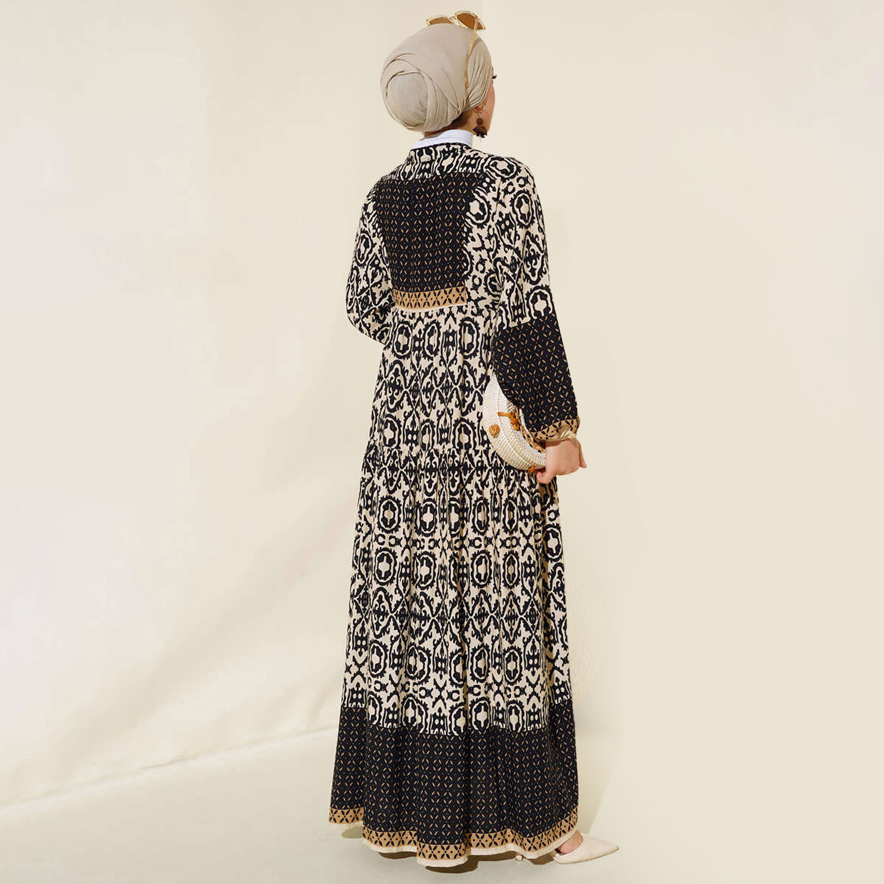 Bigdart Black Geometric Print Mandarin Collar Flared Maxi Women's Dress-women-clothing-dresses-image-3