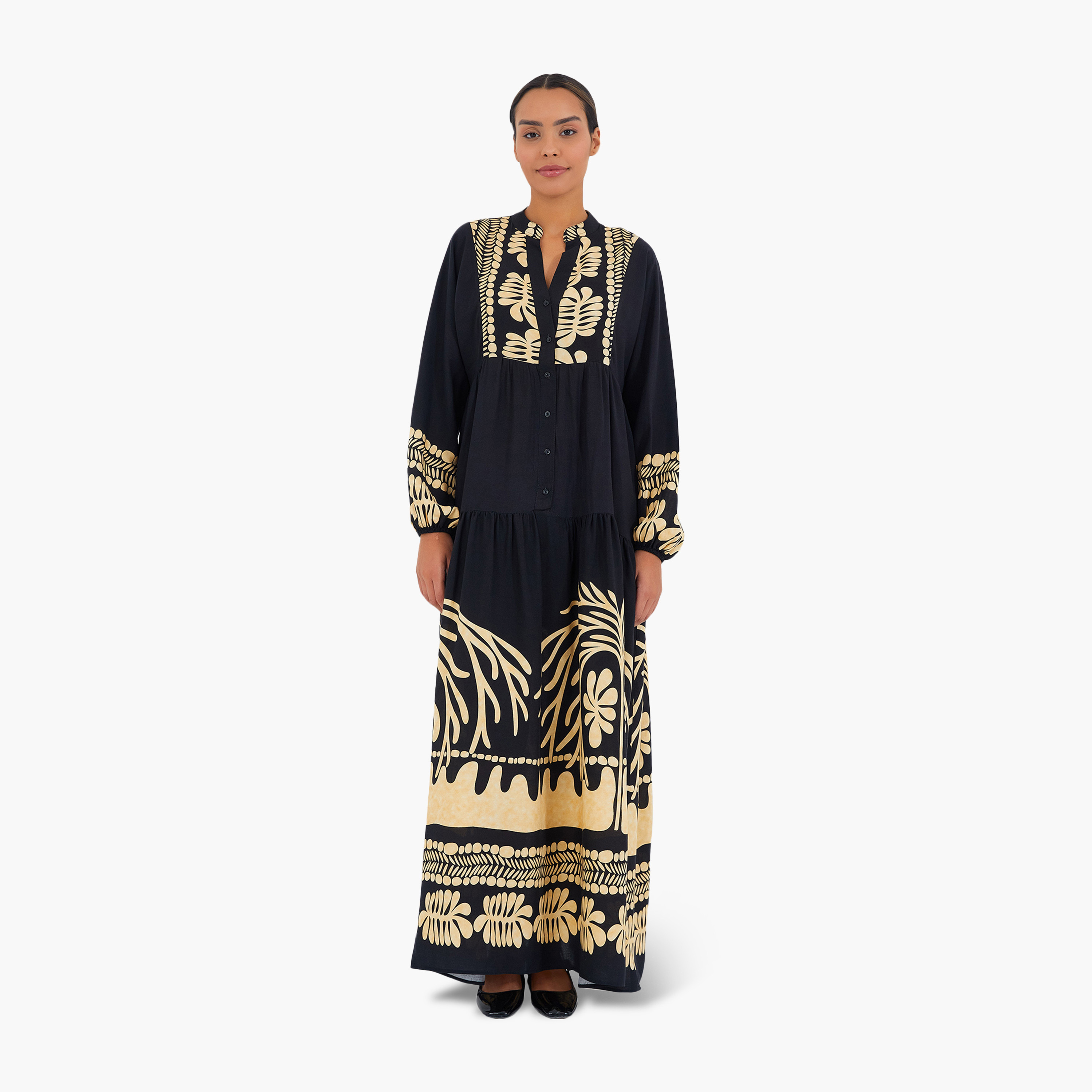 فستان ماكسي نسائي واسع بياقة ماندارين وطبعة سوداء من بيجدارت-women-clothing-dresses-image-1
