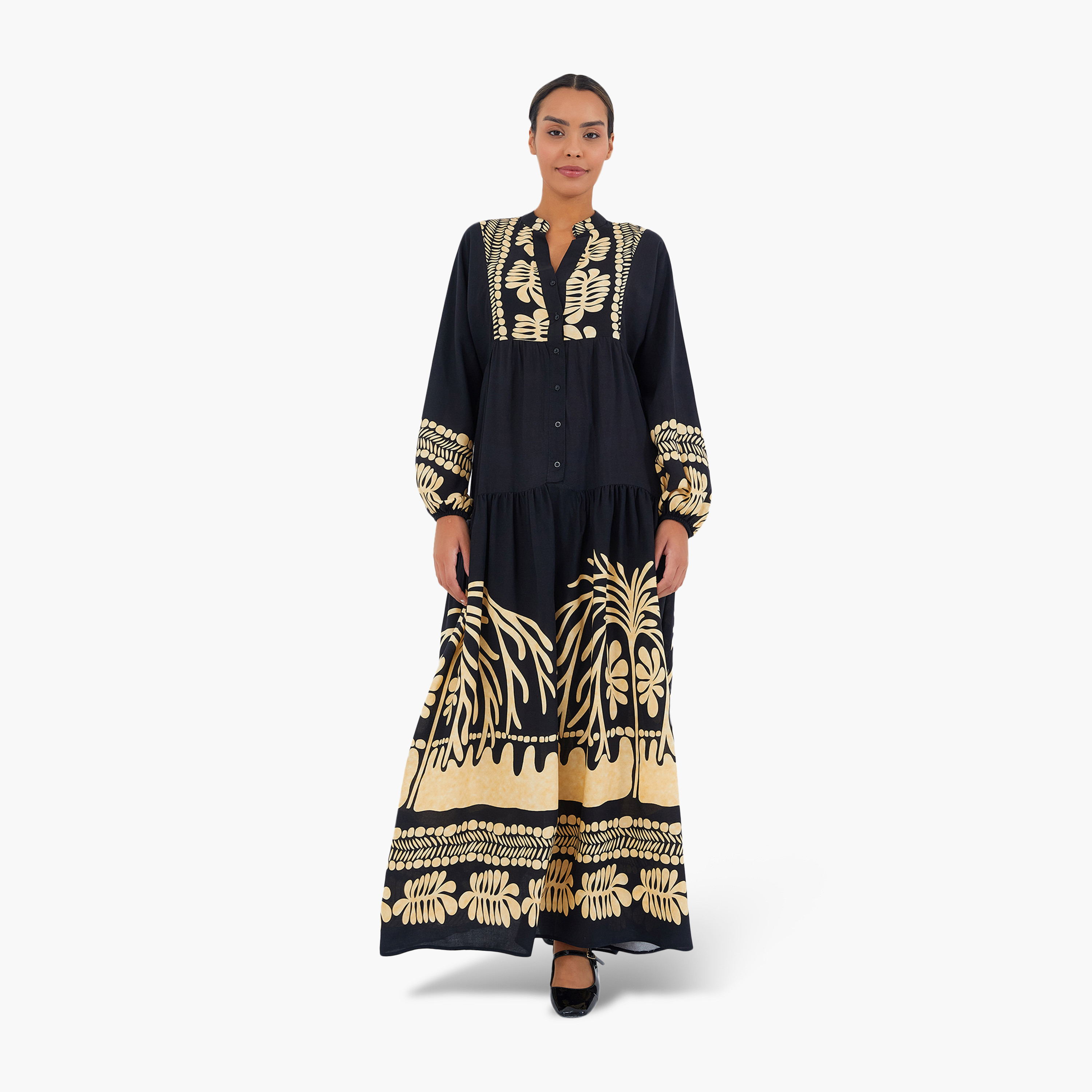 فستان ماكسي نسائي واسع بياقة ماندارين وطبعة سوداء من بيجدارت-women-clothing-dresses-image-2