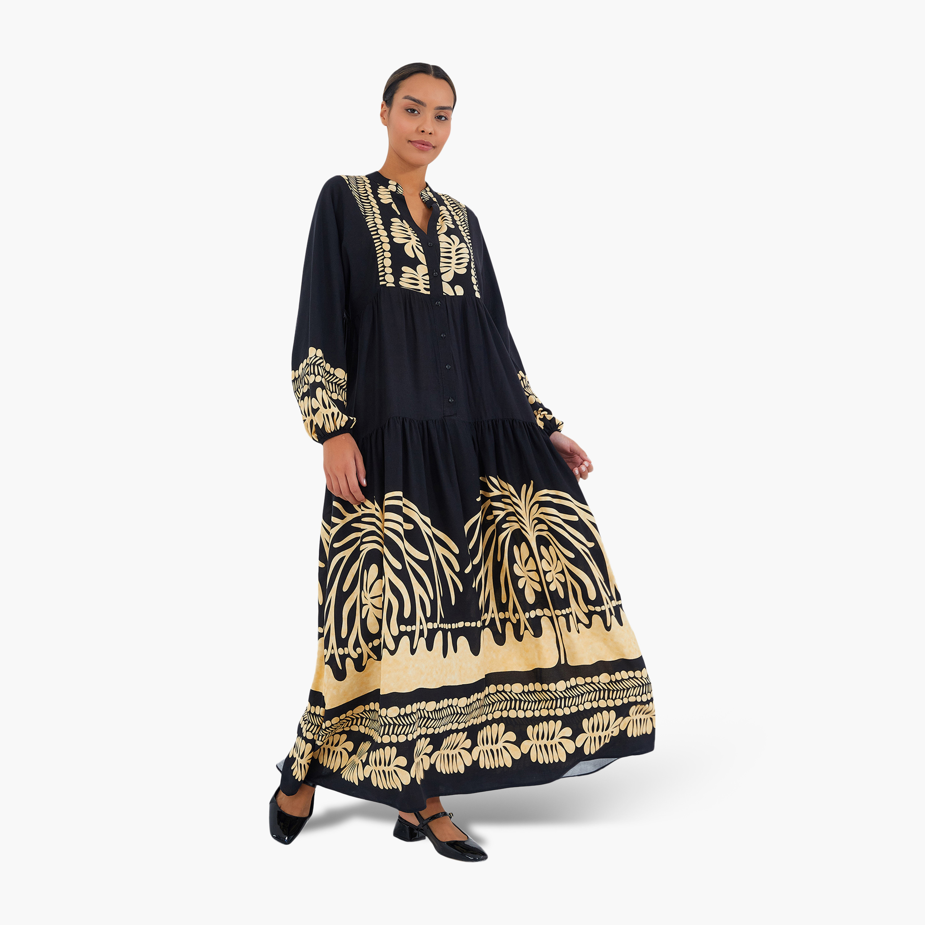 فستان ماكسي نسائي واسع بياقة ماندارين وطبعة سوداء من بيجدارت-women-clothing-dresses-image-3