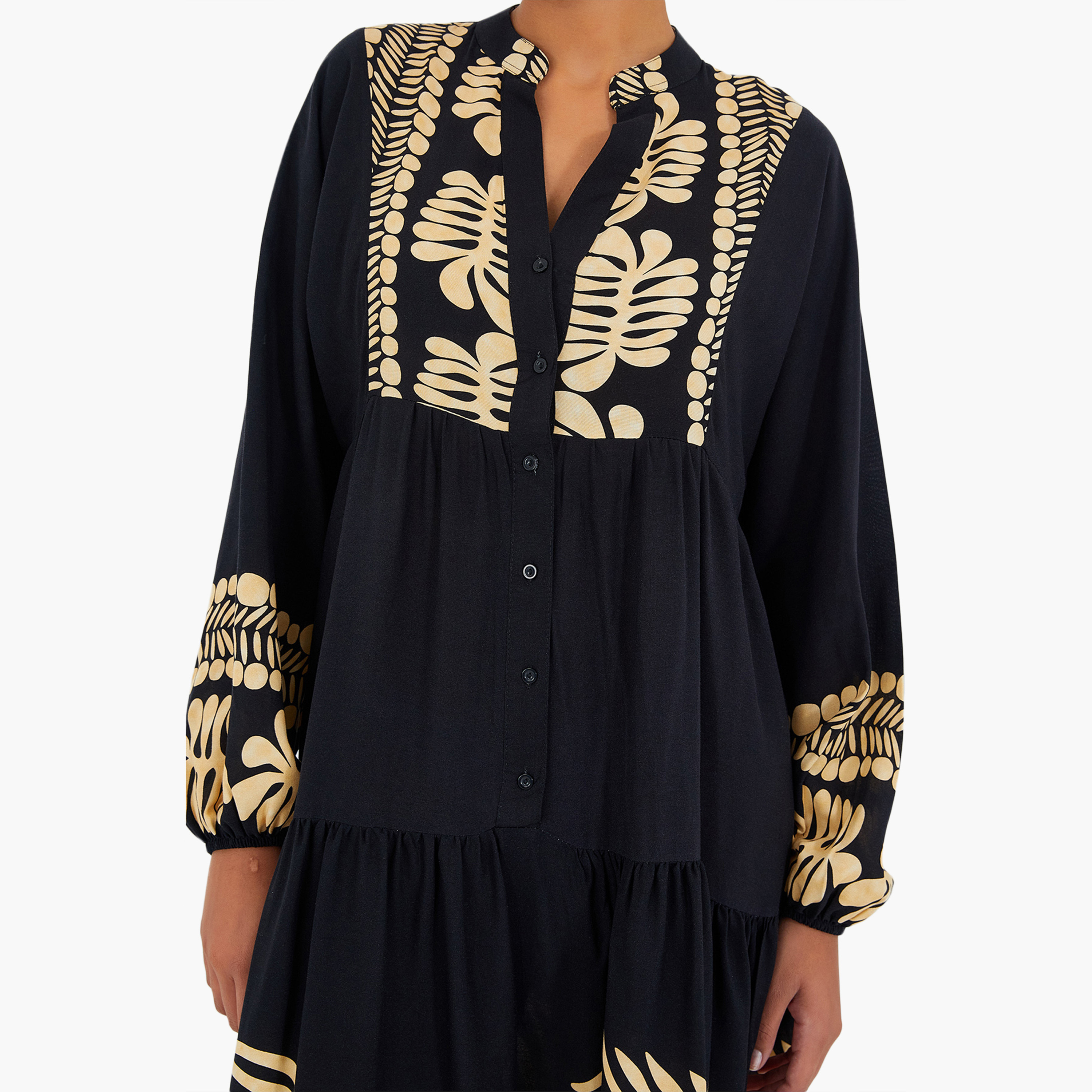 فستان ماكسي نسائي واسع بياقة ماندارين وطبعة سوداء من بيجدارت-women-clothing-dresses-image-4